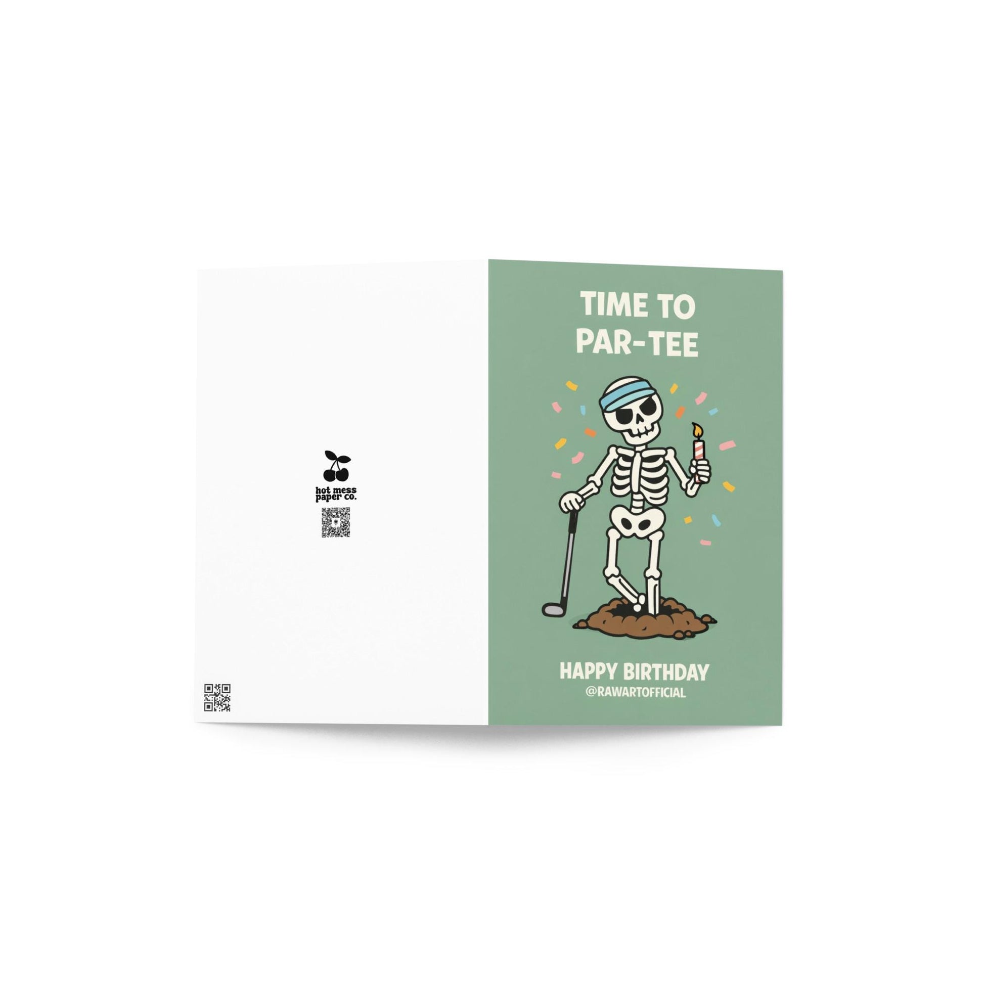 Funny golf birthday card showing a skeleton golfer with a headband holding a candle and golf club under the words “Time to Par-Tee” and “Happy Birthday” on a green background.