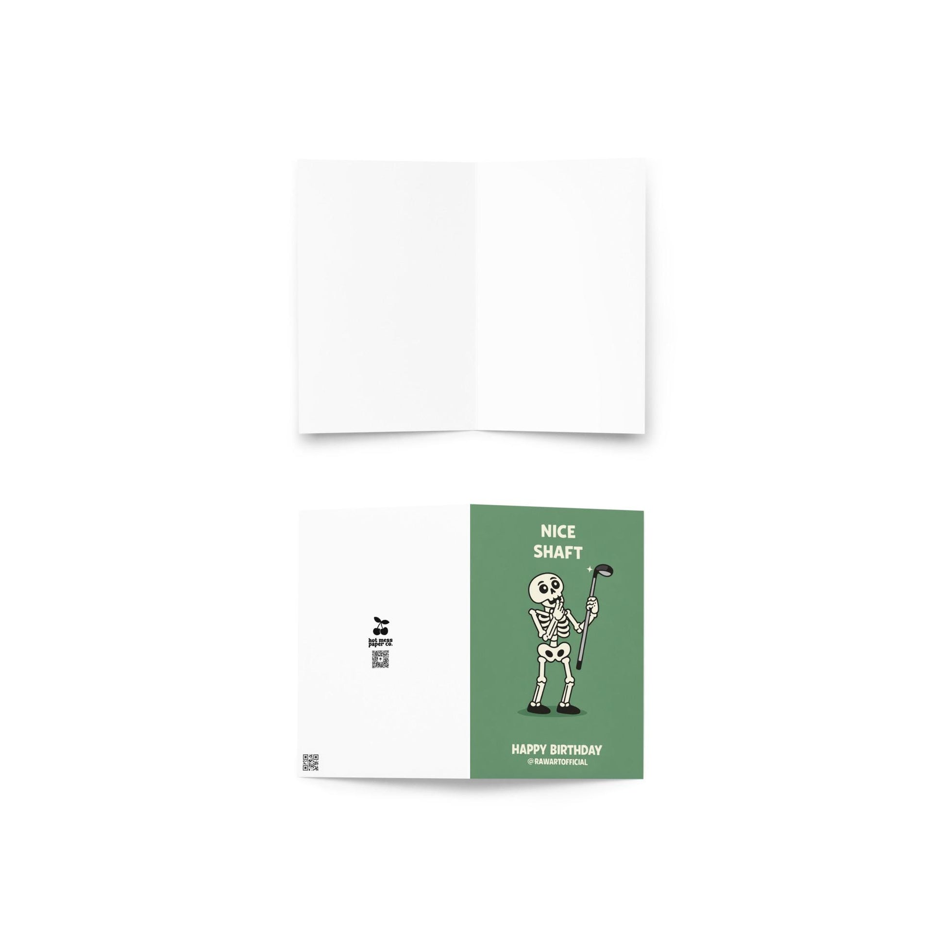 Funny golf birthday card showing a cartoon skeleton holding a golf club with the words “Nice Shaft” and “Happy Birthday” on a green background.