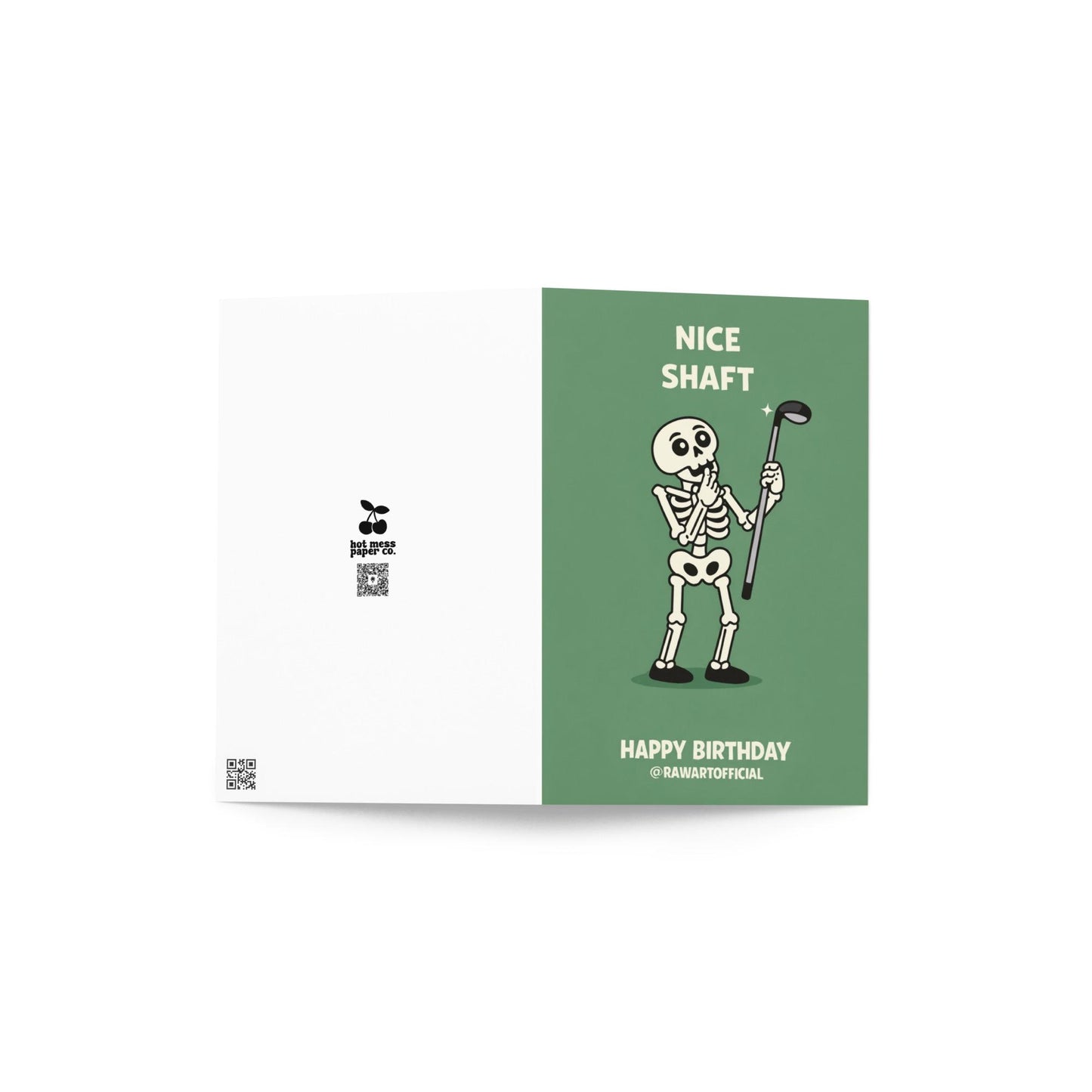 Funny golf birthday card showing a cartoon skeleton holding a golf club with the words “Nice Shaft” and “Happy Birthday” on a green background.