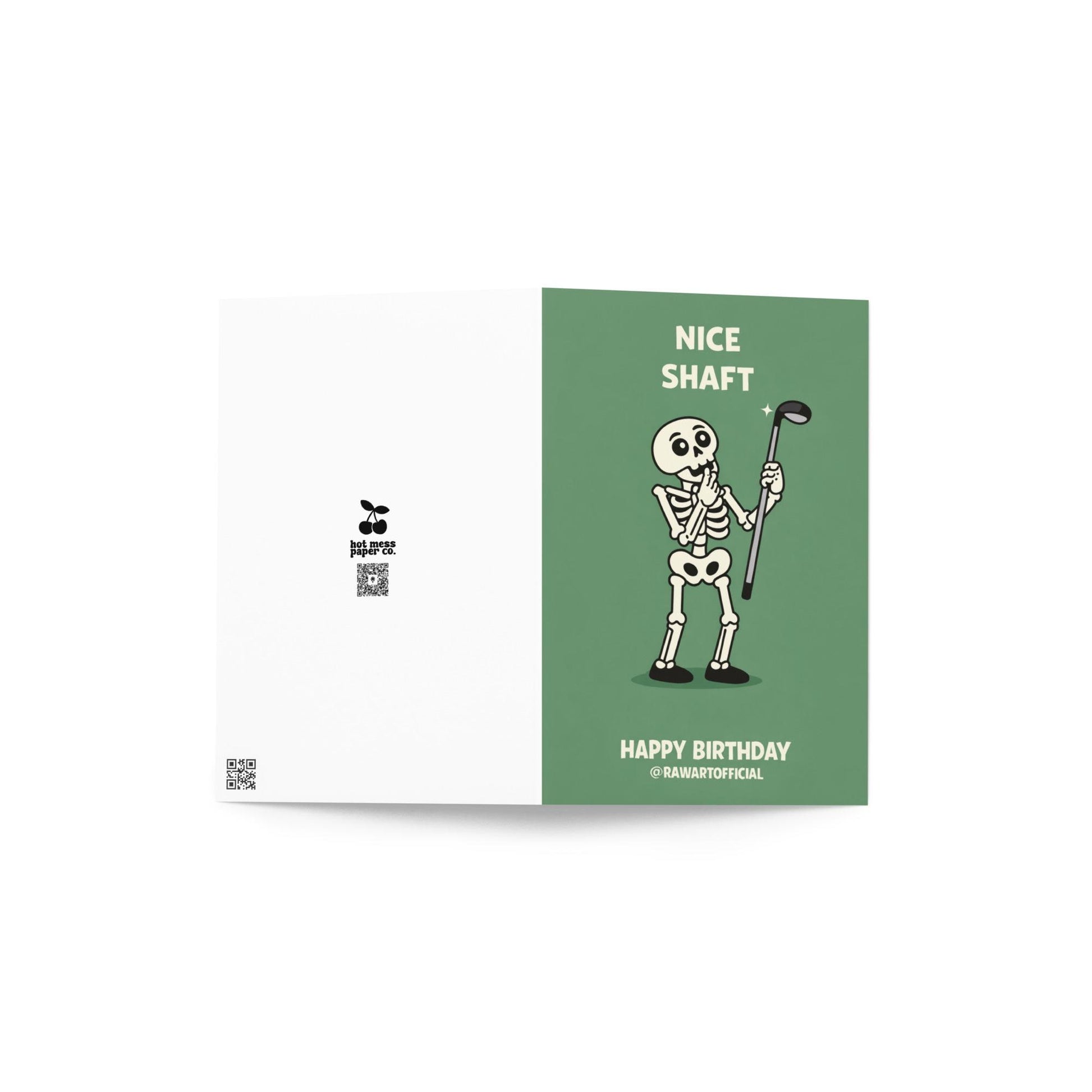 Funny golf birthday card showing a cartoon skeleton holding a golf club with the words “Nice Shaft” and “Happy Birthday” on a green background.