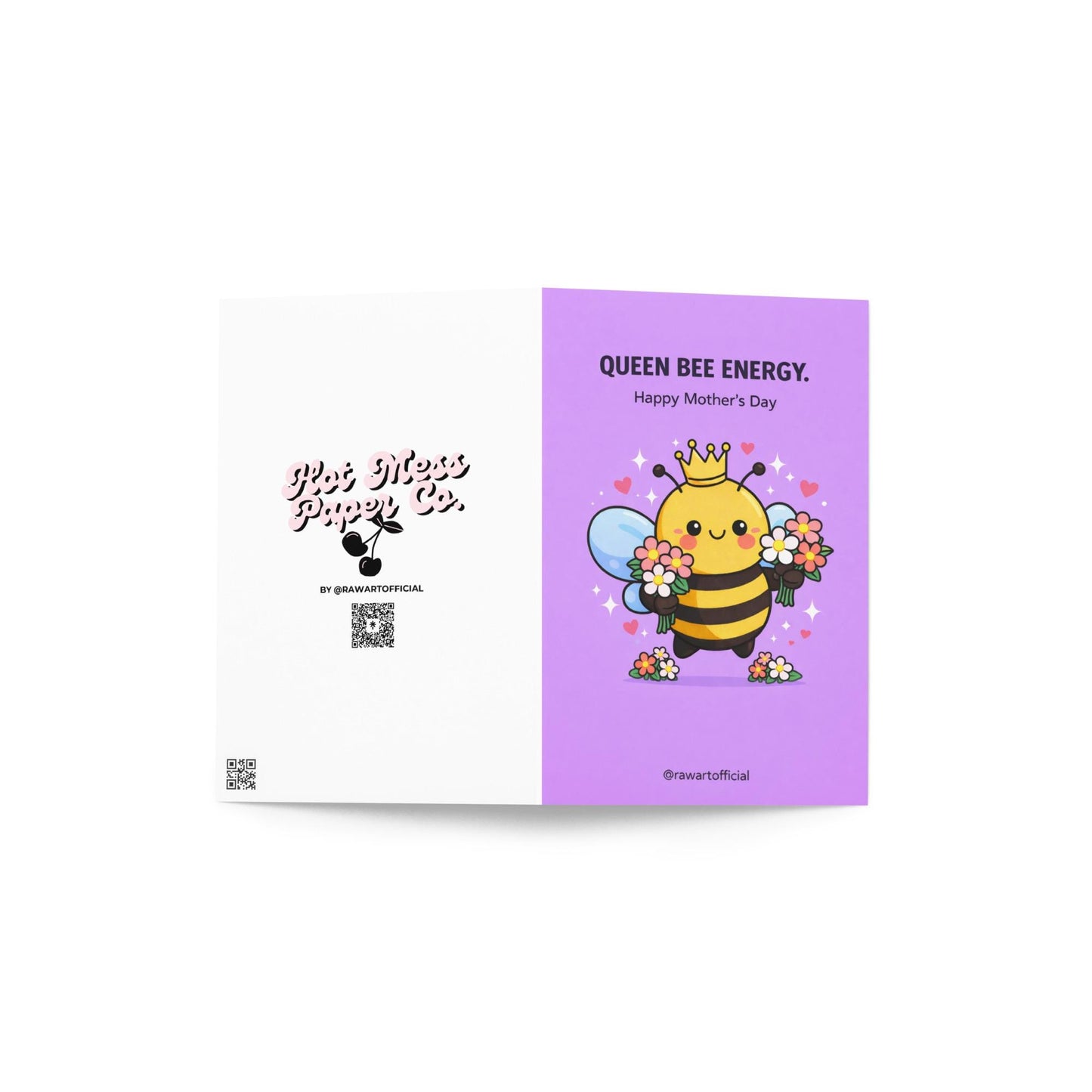 mother’s day card with crowned bee holding flowers on purple background queen bee energy mom illustration