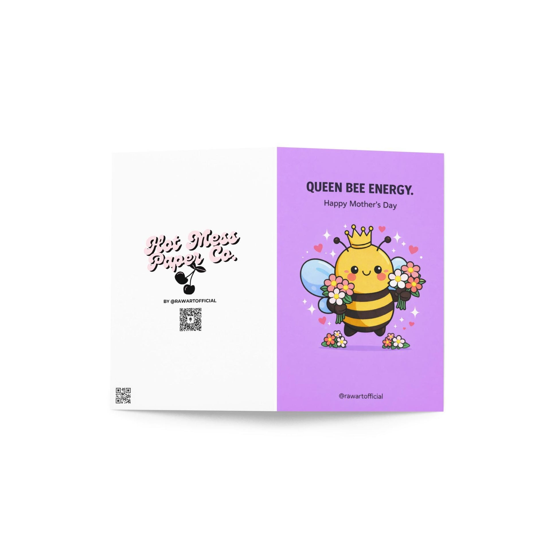 mother’s day card with crowned bee holding flowers on purple background queen bee energy mom illustration