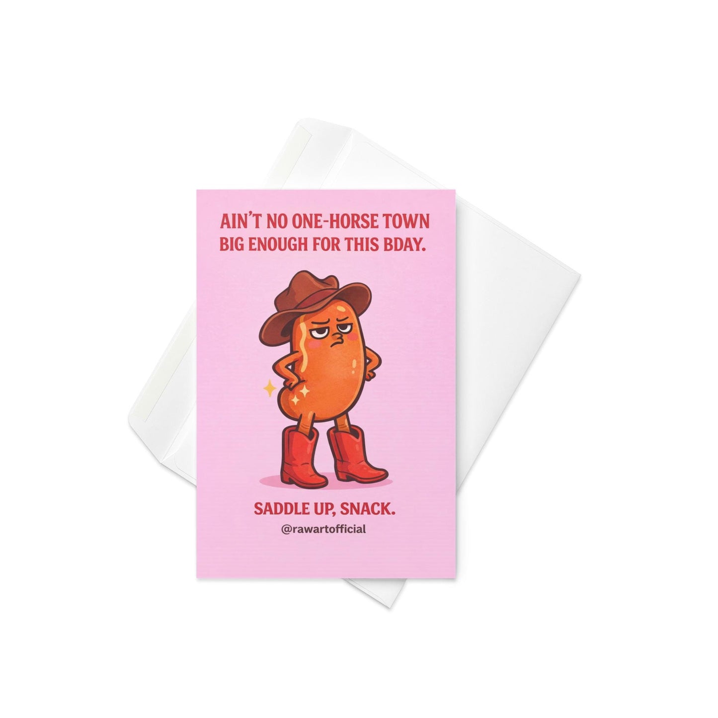 funny birthday card featuring a cowboy bean wearing boots on a pink background western food pun illustration