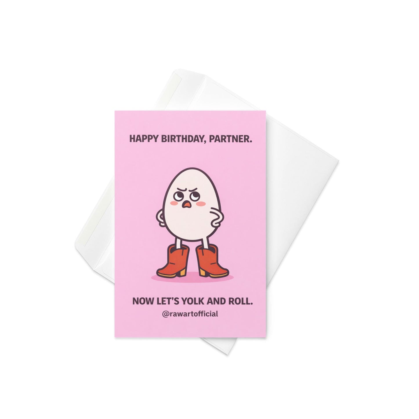 funny birthday card with an egg wearing cowboy boots on a pink background partner birthday food pun illustration