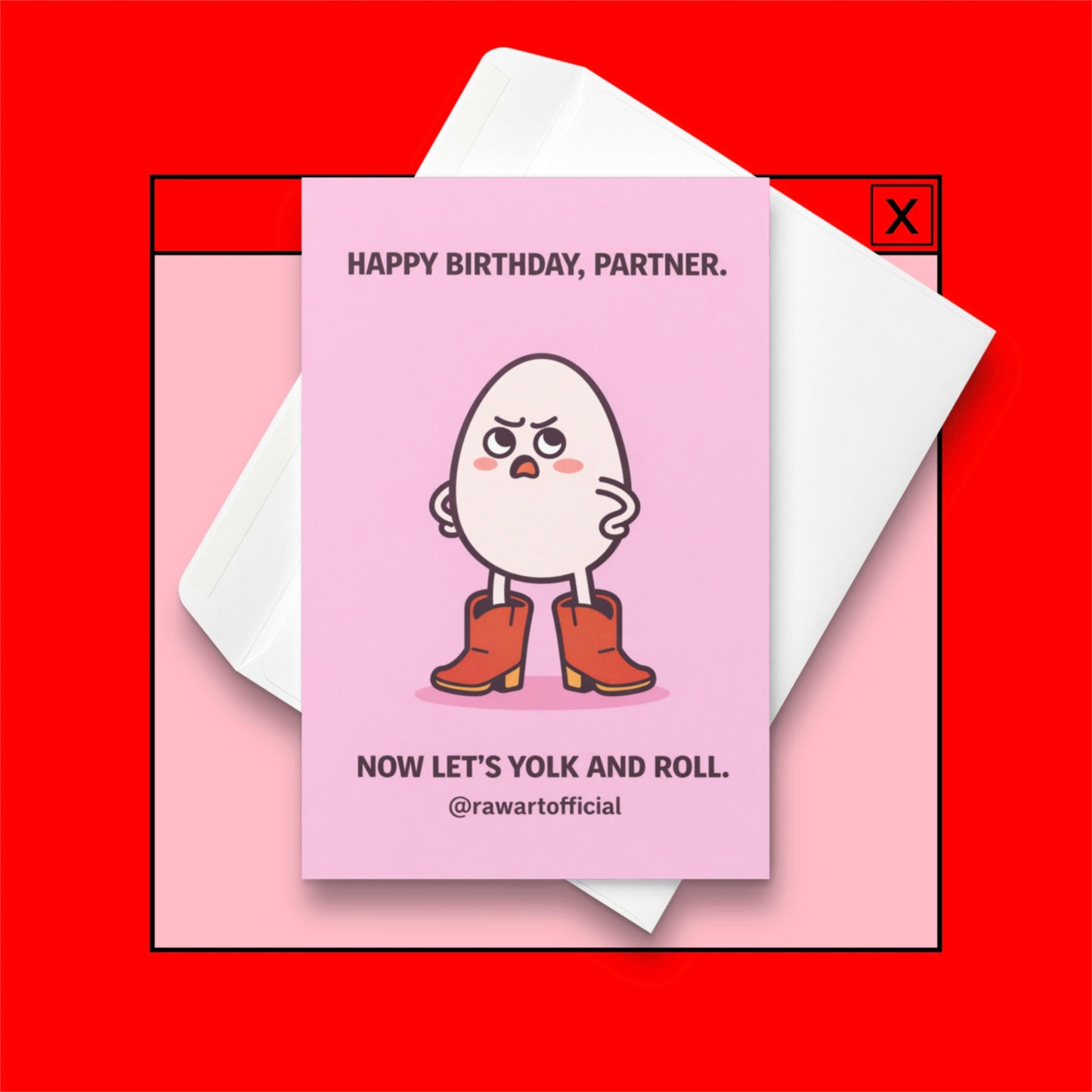 funny birthday card with an egg wearing cowboy boots on a pink background partner birthday food pun illustration