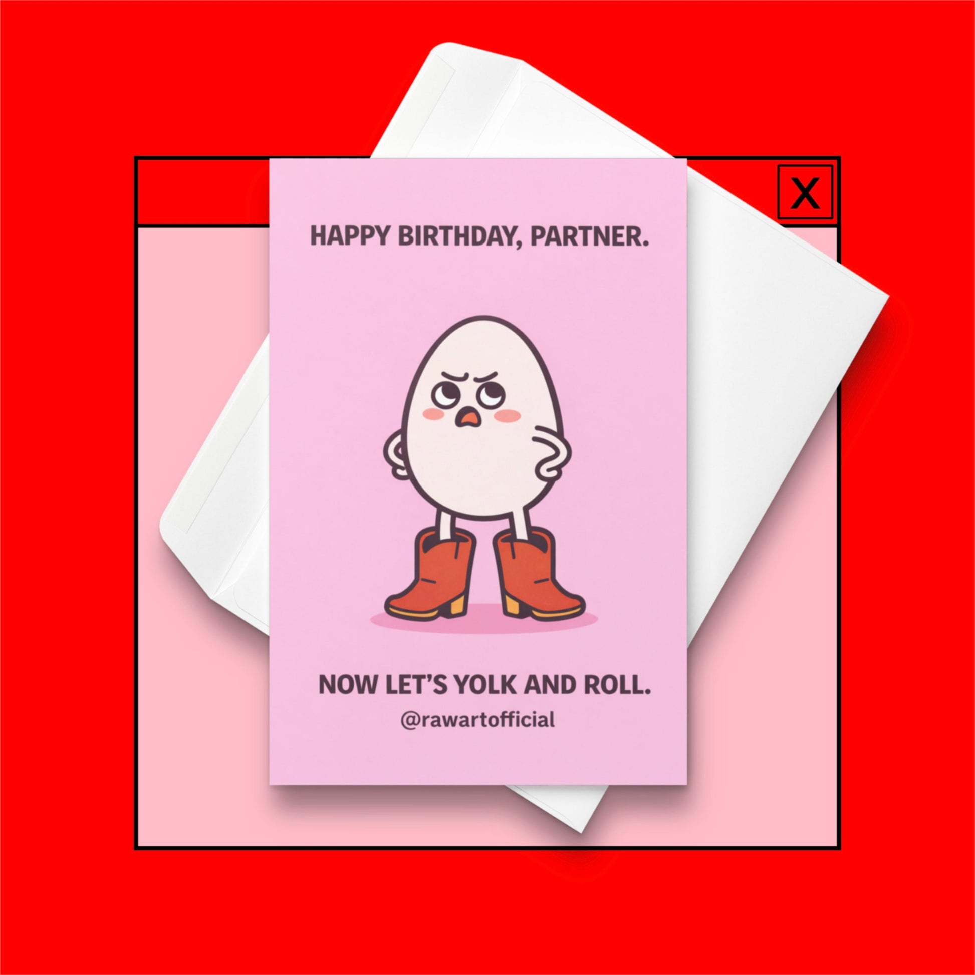 funny birthday card with an egg wearing cowboy boots on a pink background partner birthday food pun illustration