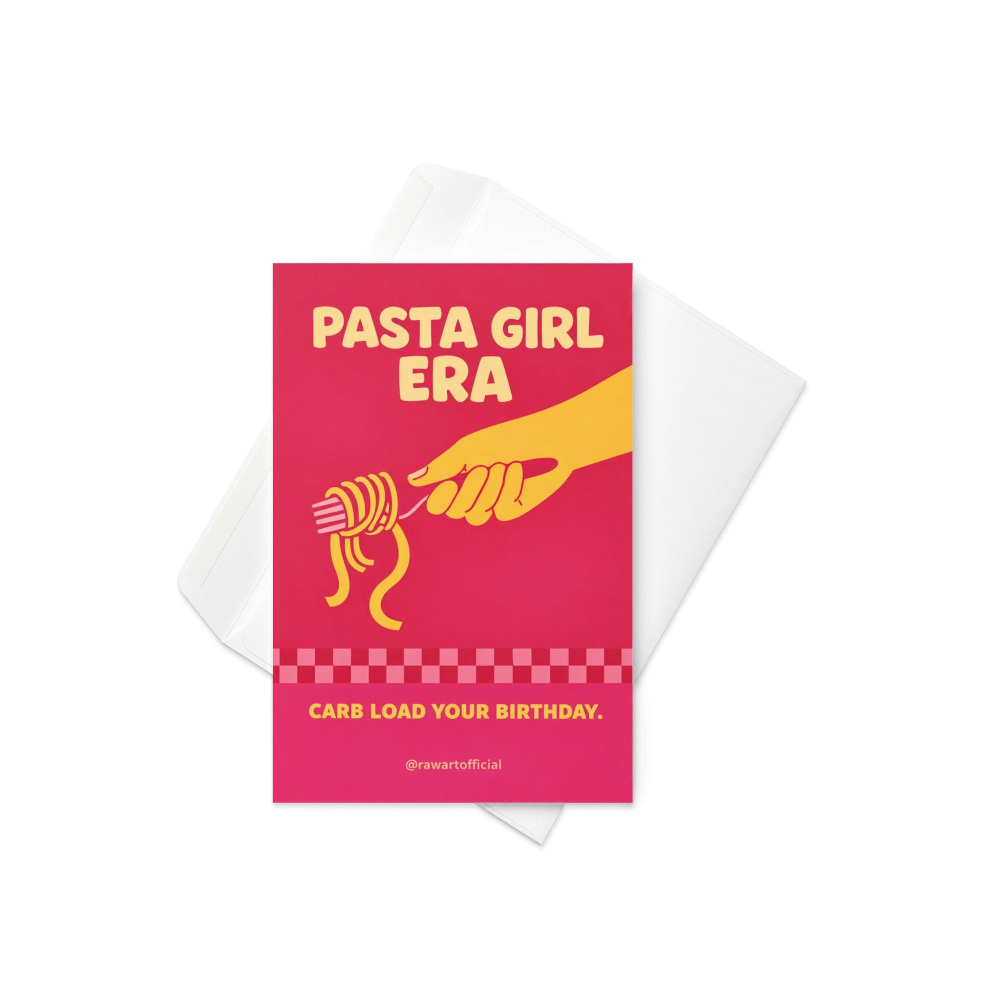 Red birthday card with the phrase “Pasta Girl Era” featuring a hand twirling spaghetti on a fork and the text “Carb Load Your Birthday.”