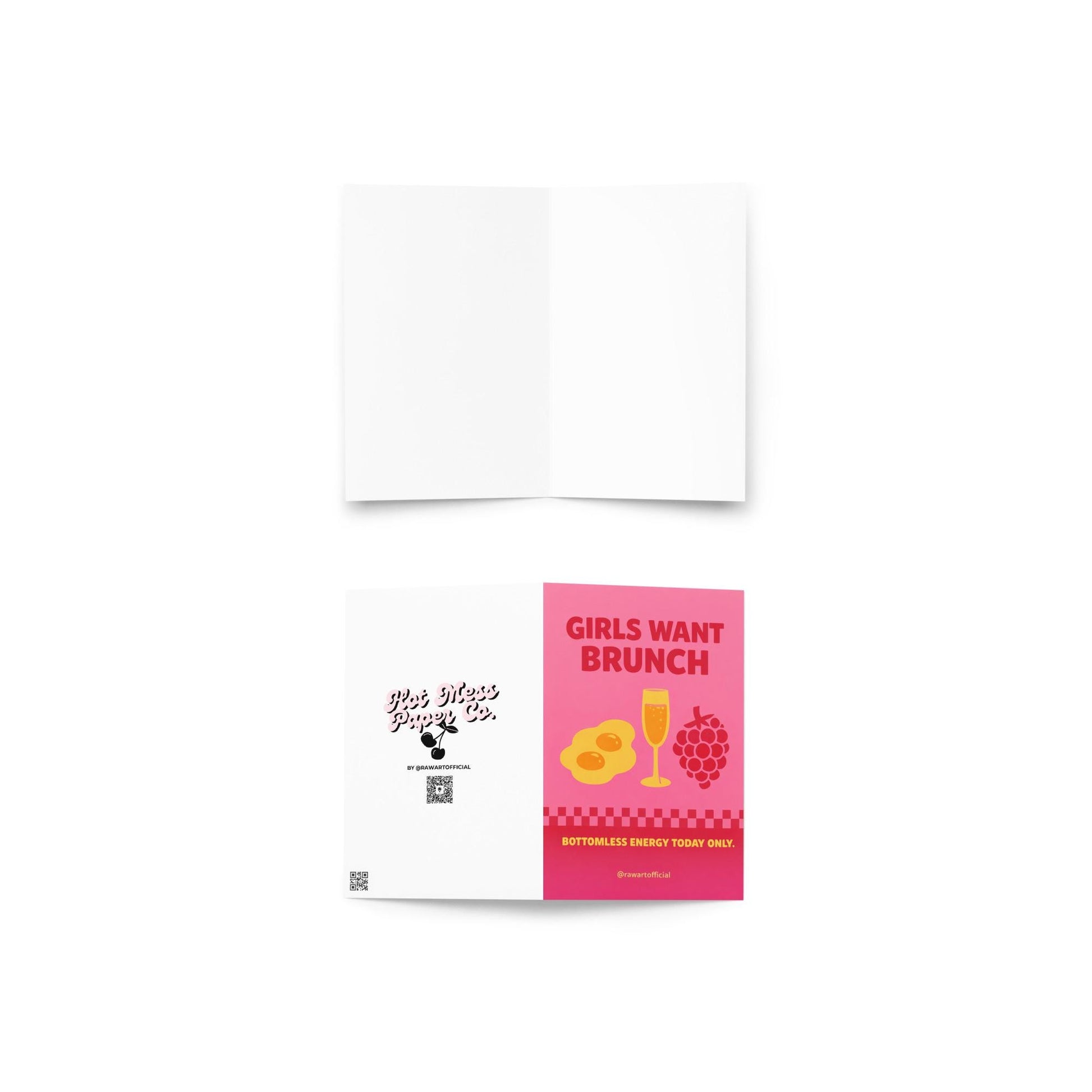 Bright pink birthday card with the phrase “Girls Want Brunch” featuring eggs, a mimosa glass, raspberries, and “Bottomless Energy Today Only.” text.