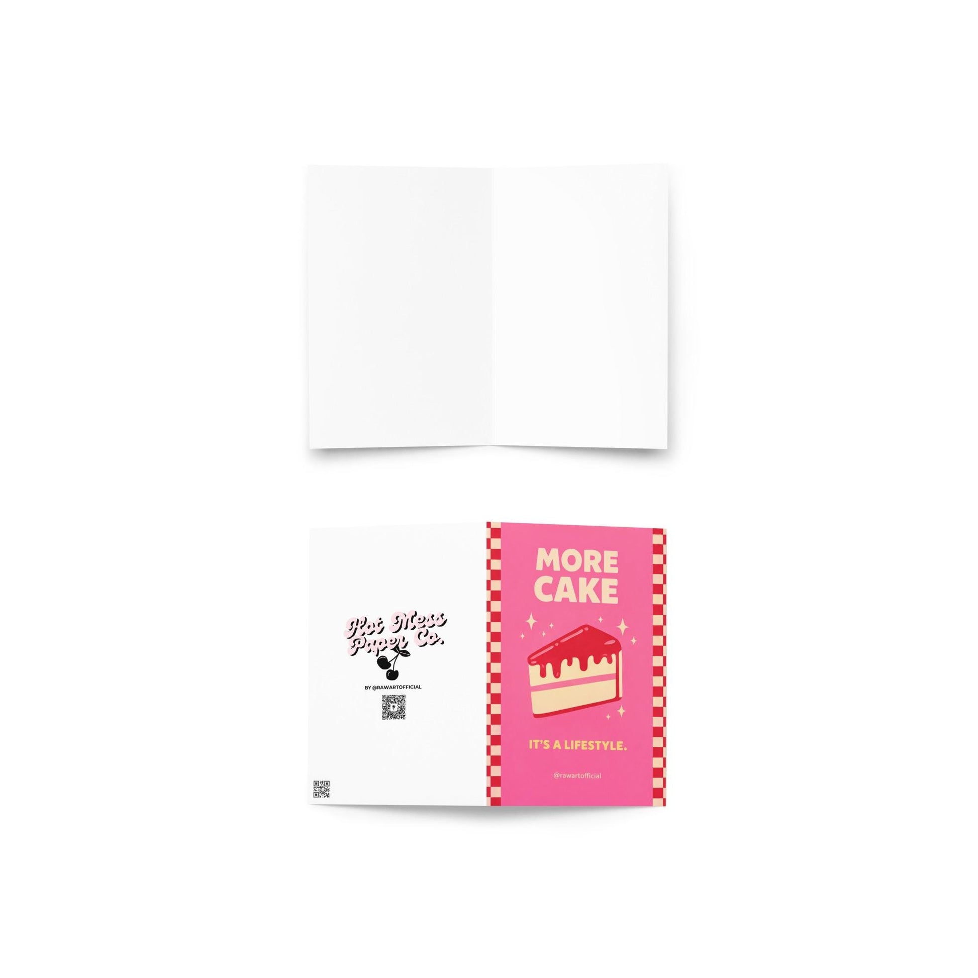 Bright pink birthday card featuring a glossy red cake slice with sparkles and the phrase “More Cake It’s a Lifestyle.”