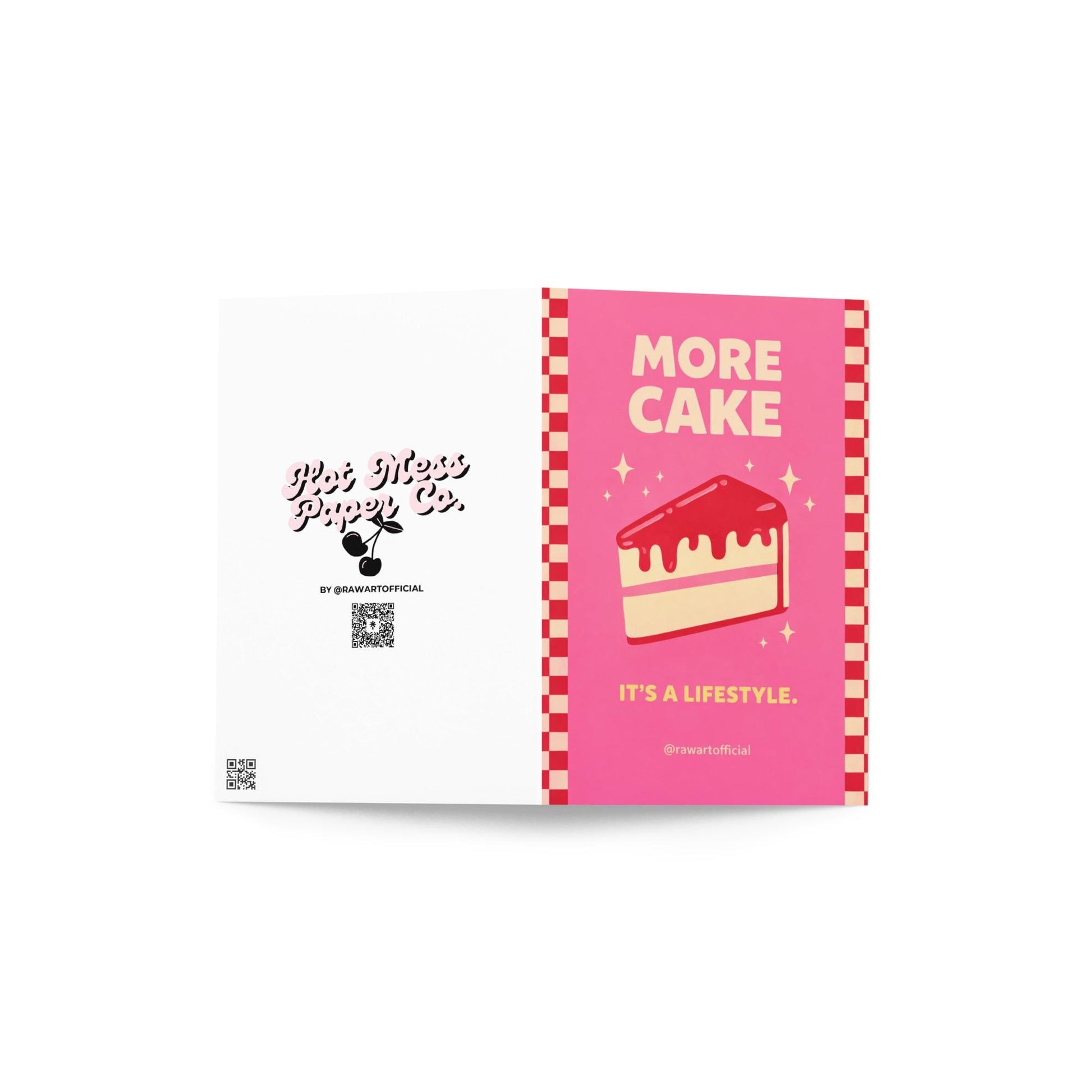 Bright pink birthday card featuring a glossy red cake slice with sparkles and the phrase “More Cake It’s a Lifestyle.”