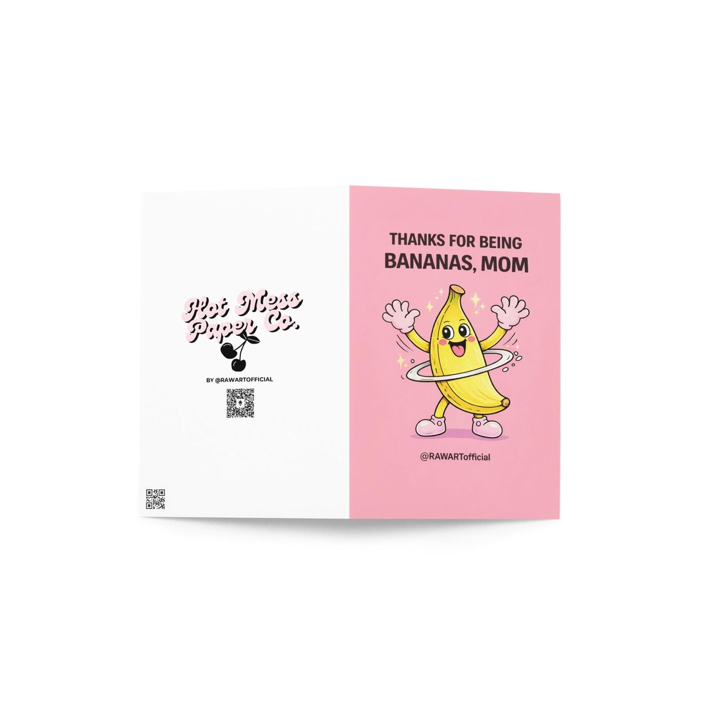 funny mother’s day card with smiling banana character spinning on pink background thanks for being bananas mom illustration