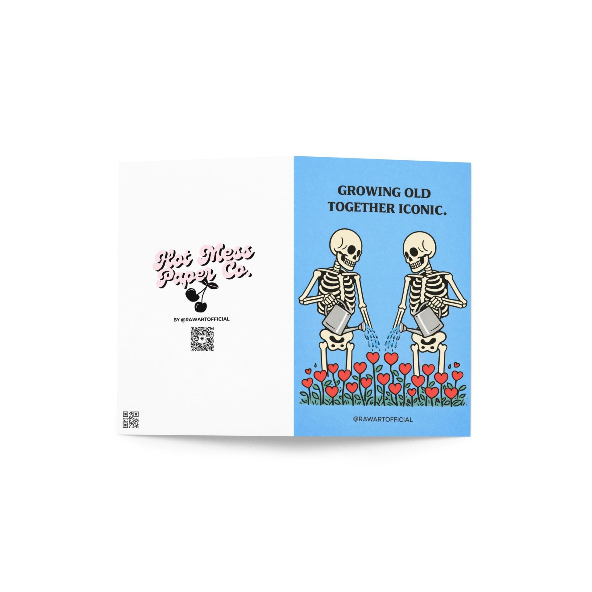 funny anniversary card with two skeletons watering heart flowers on blue background growing old together iconic illustration