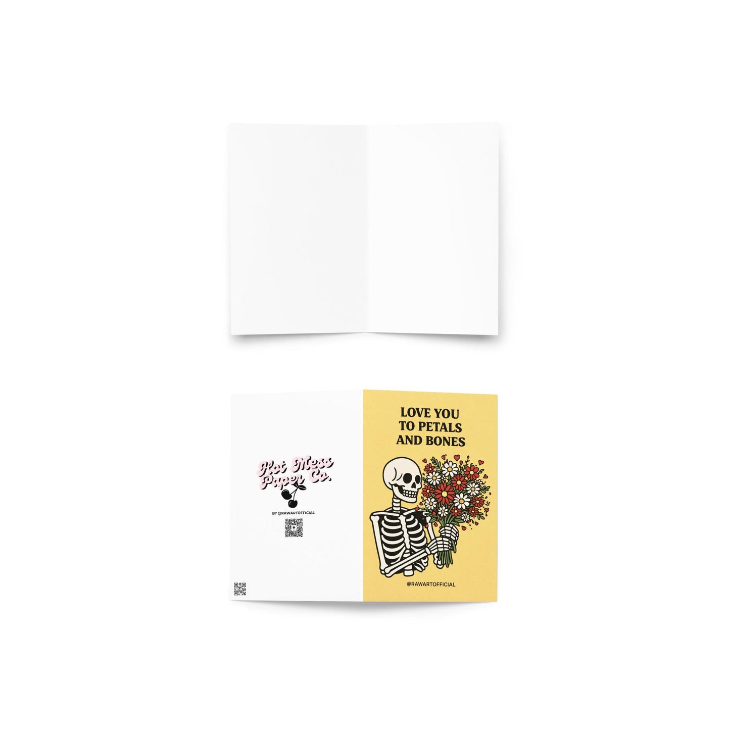 skeleton holding flower bouquet spooky spring anniversary card gothic love illustration