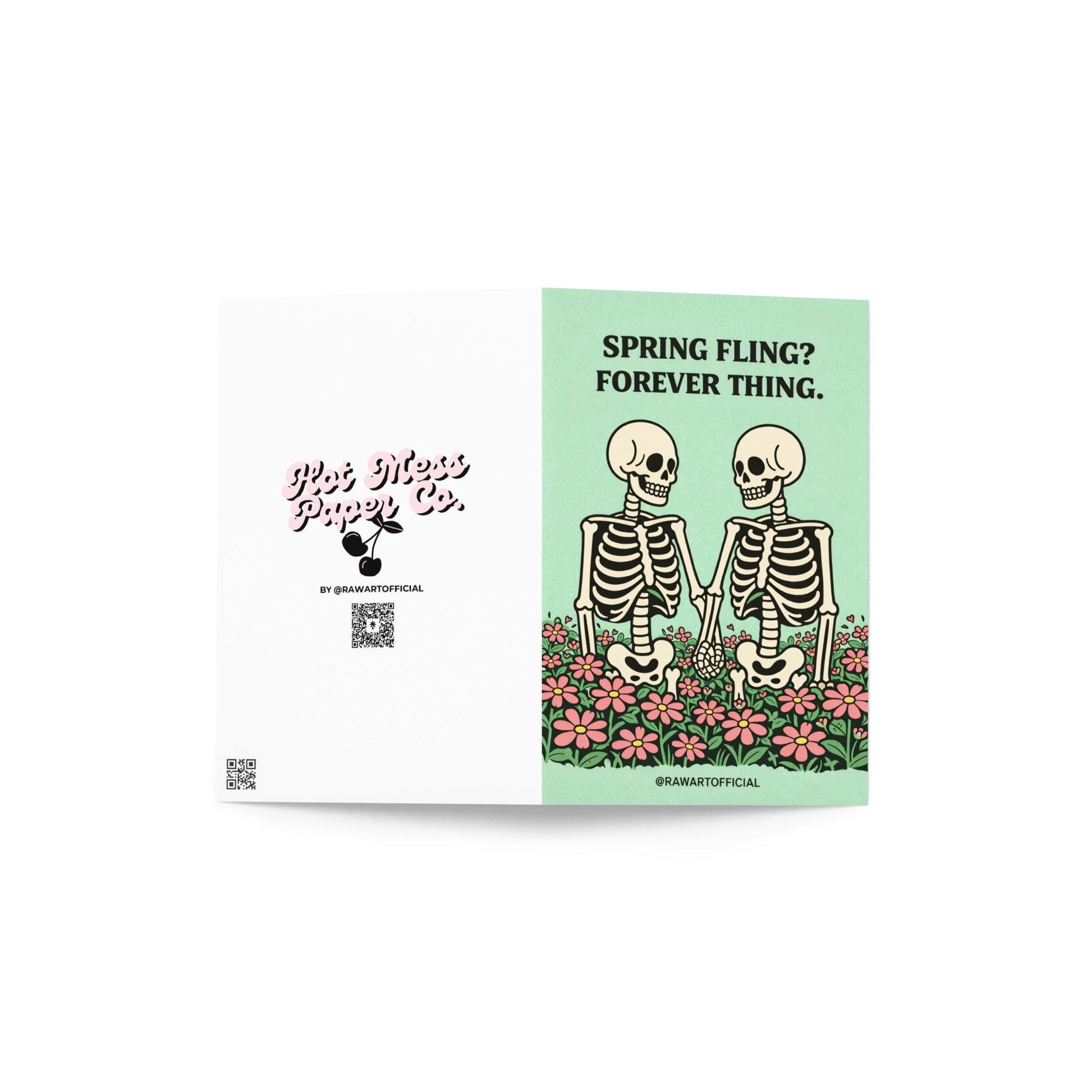 skeleton couple holding hands in flowers spring spooky anniversary card illustration
