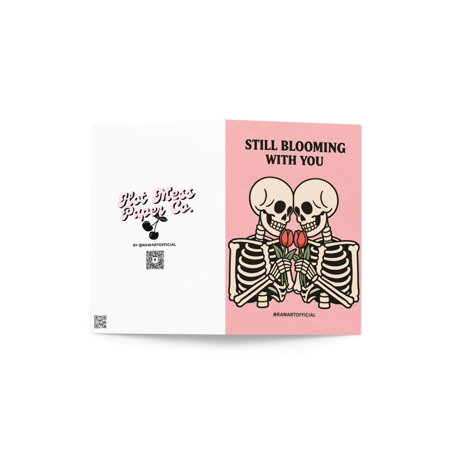 skeleton couple holding tulips spooky spring anniversary card pink background illustration