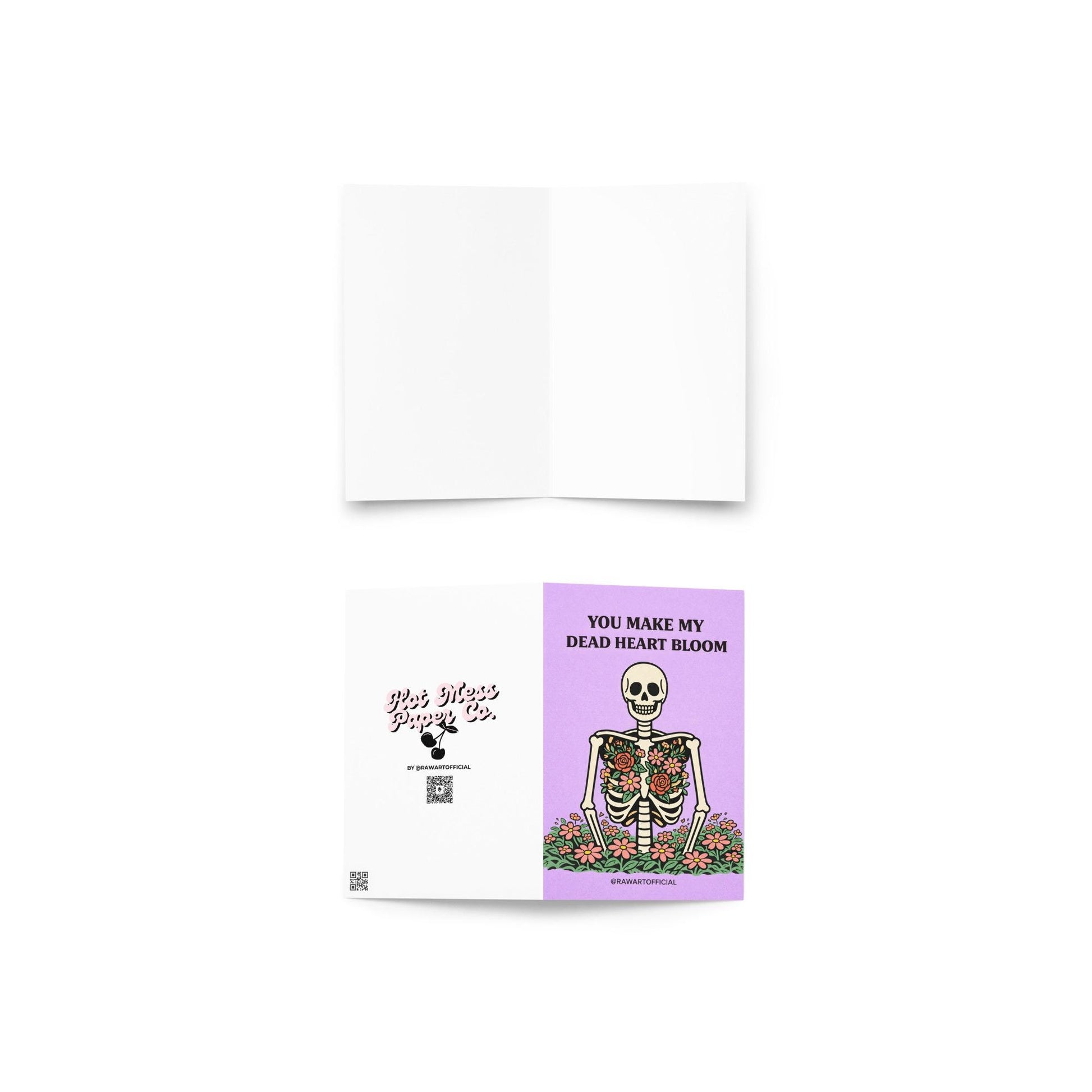 skeleton with flowers blooming from chest spooky spring anniversary card purple background illustration