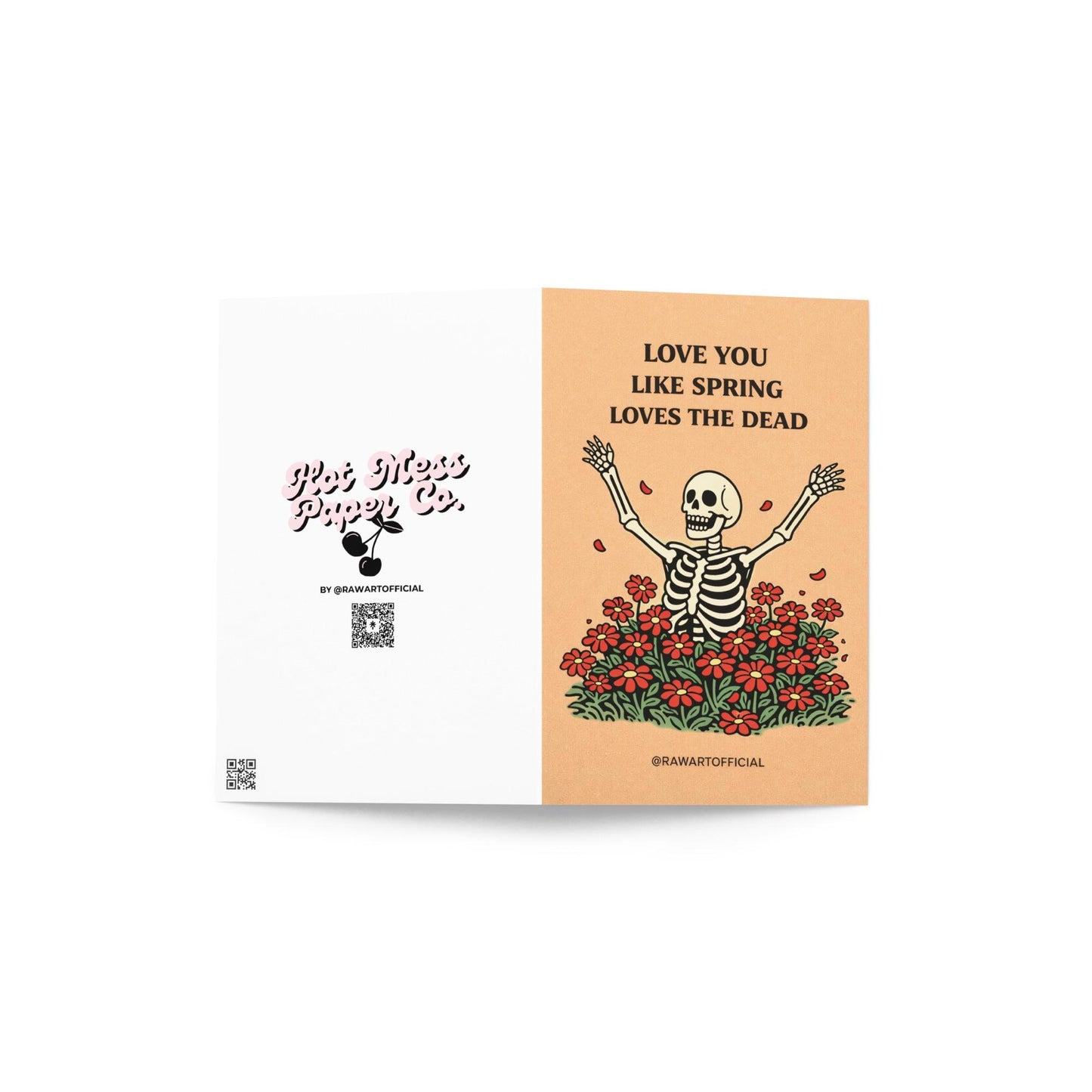 spooky spring anniversary card skeleton rising from flowers love you like spring loves the dead illustration