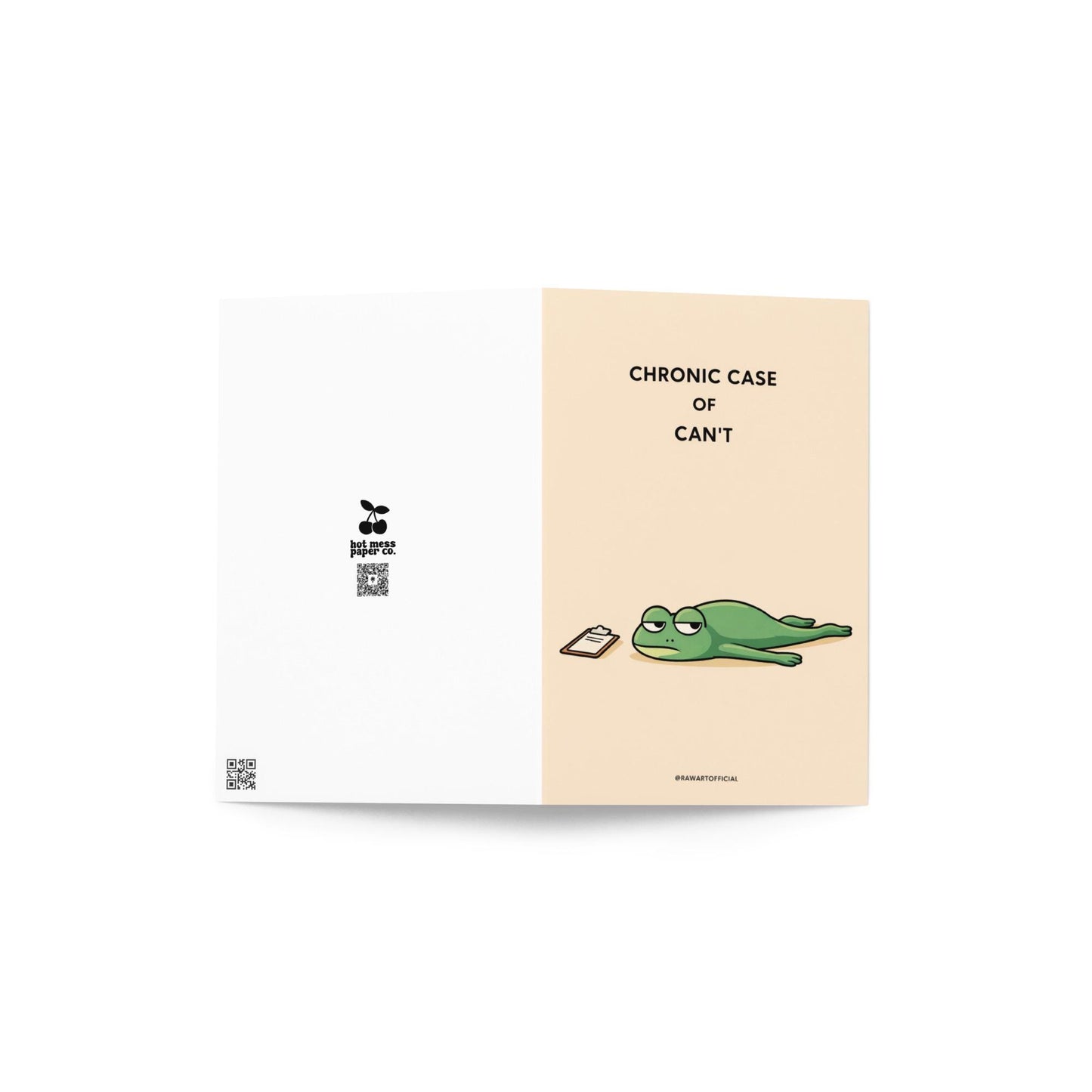funny greeting card with tired frog laying flat and text chronic case of can’t minimalist humor card