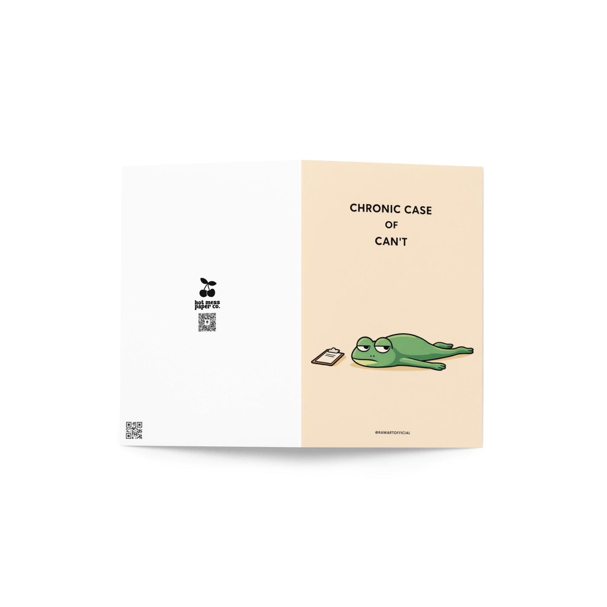 funny greeting card with tired frog laying flat and text chronic case of can’t minimalist humor card