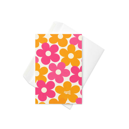 mother’s day greeting card with oversized pink and orange retro flowers on cream background