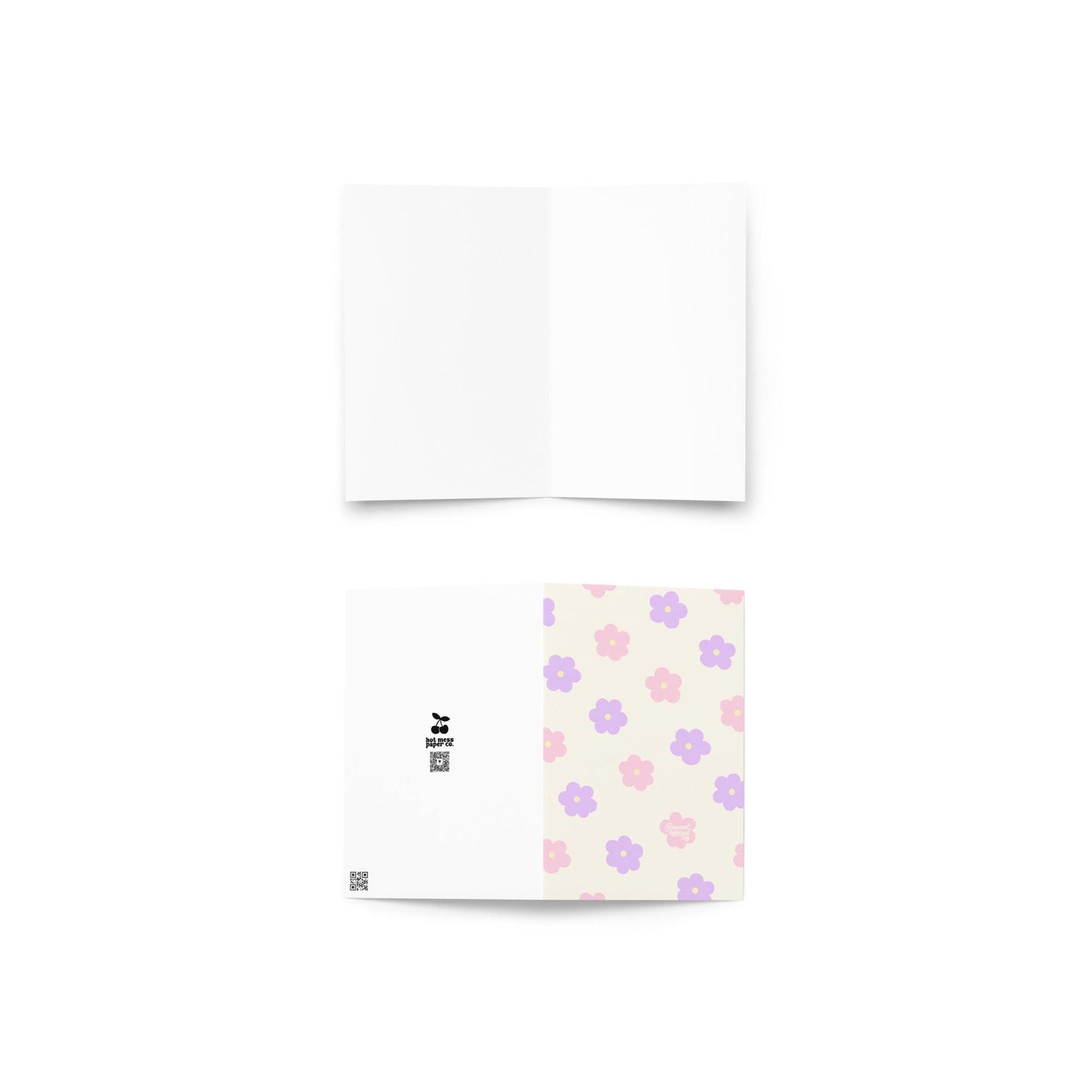 spring mother’s day greeting card with pink and purple retro flower pattern on cream background
