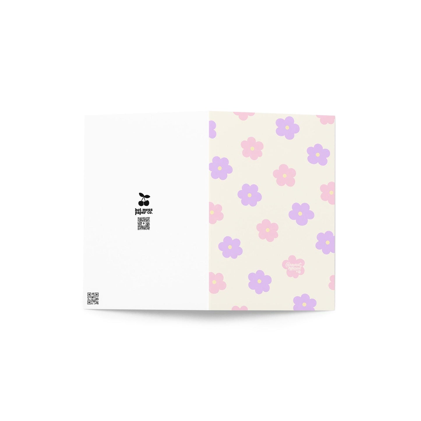 spring mother’s day greeting card with pink and purple retro flower pattern on cream background