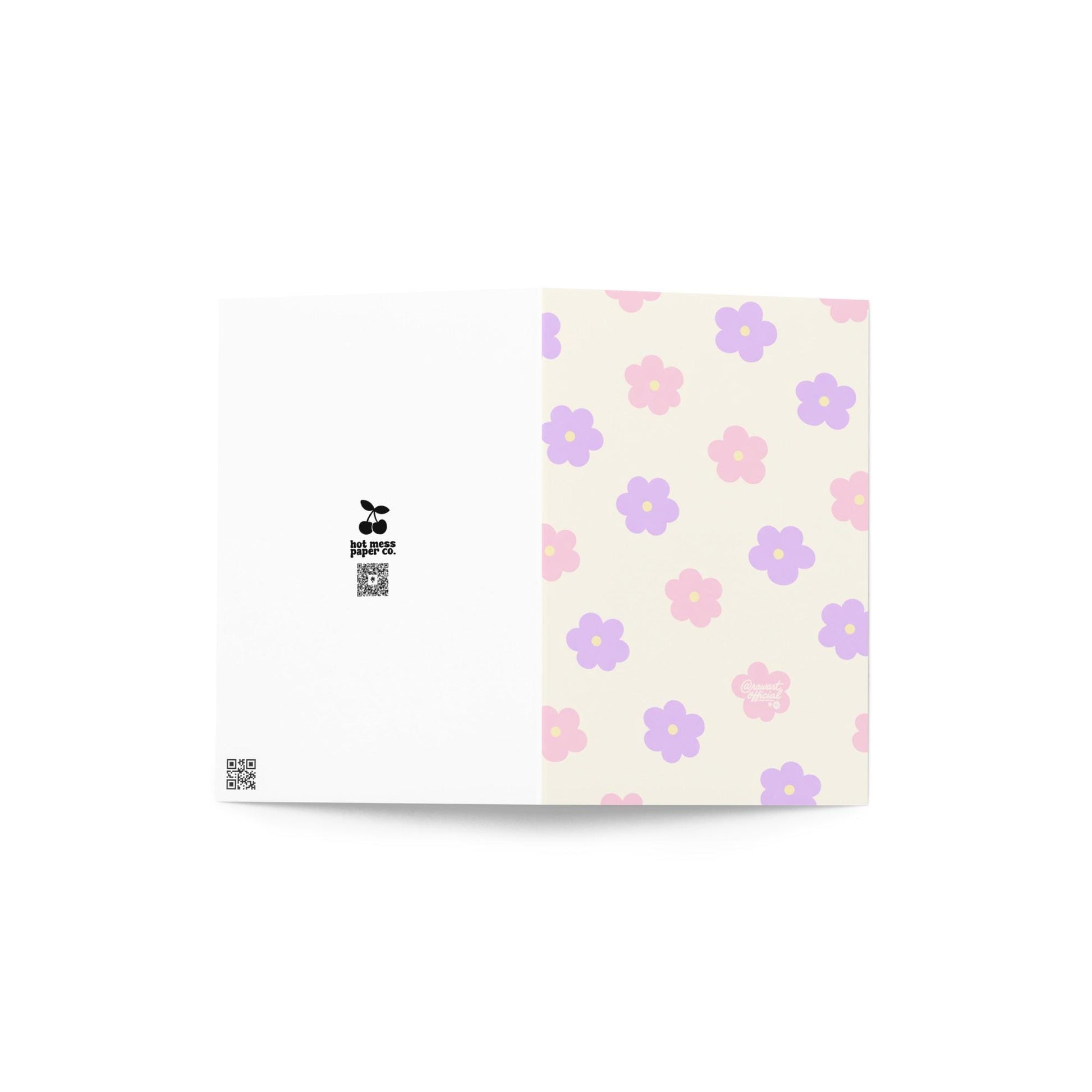 spring mother’s day greeting card with pink and purple retro flower pattern on cream background
