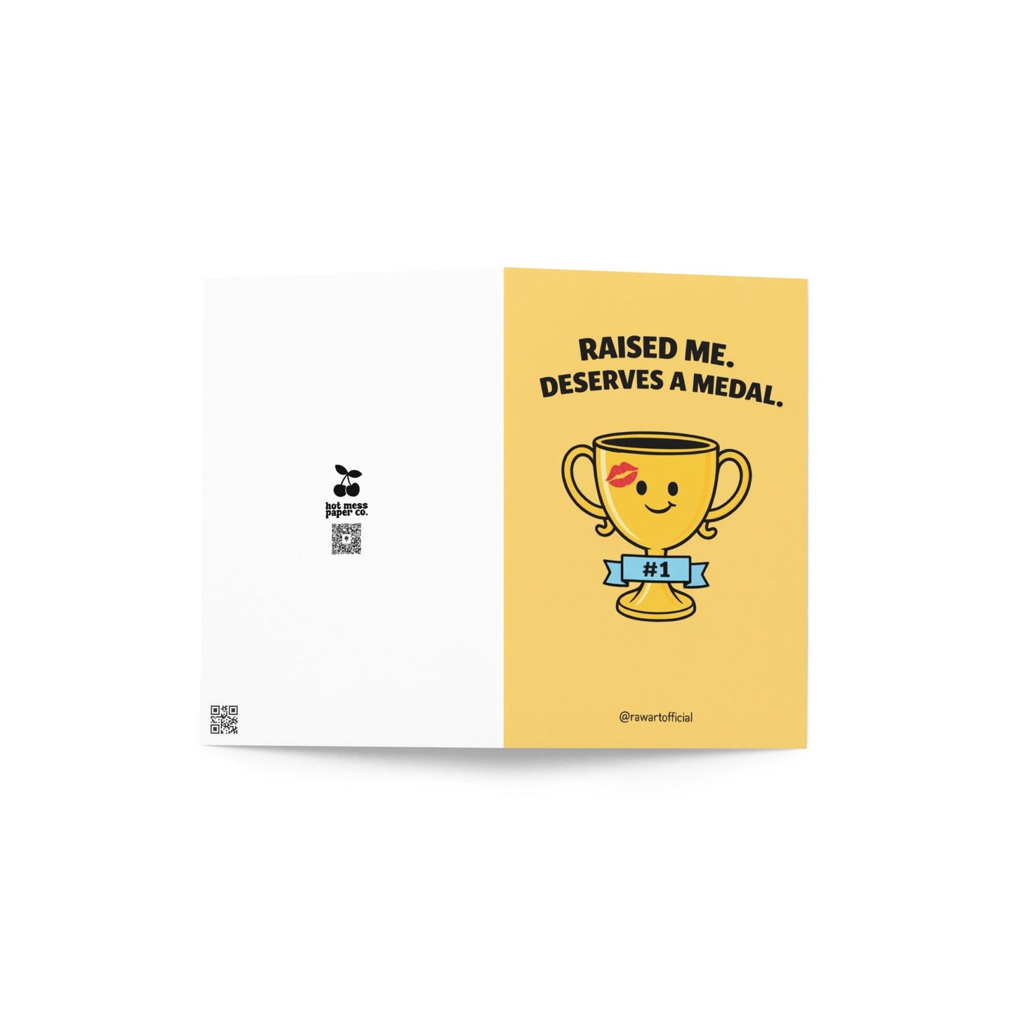 Mother’s Day card featuring a smiling gold trophy with a #1 ribbon and the text “Raised Me. Deserves a Medal.” on a yellow background.