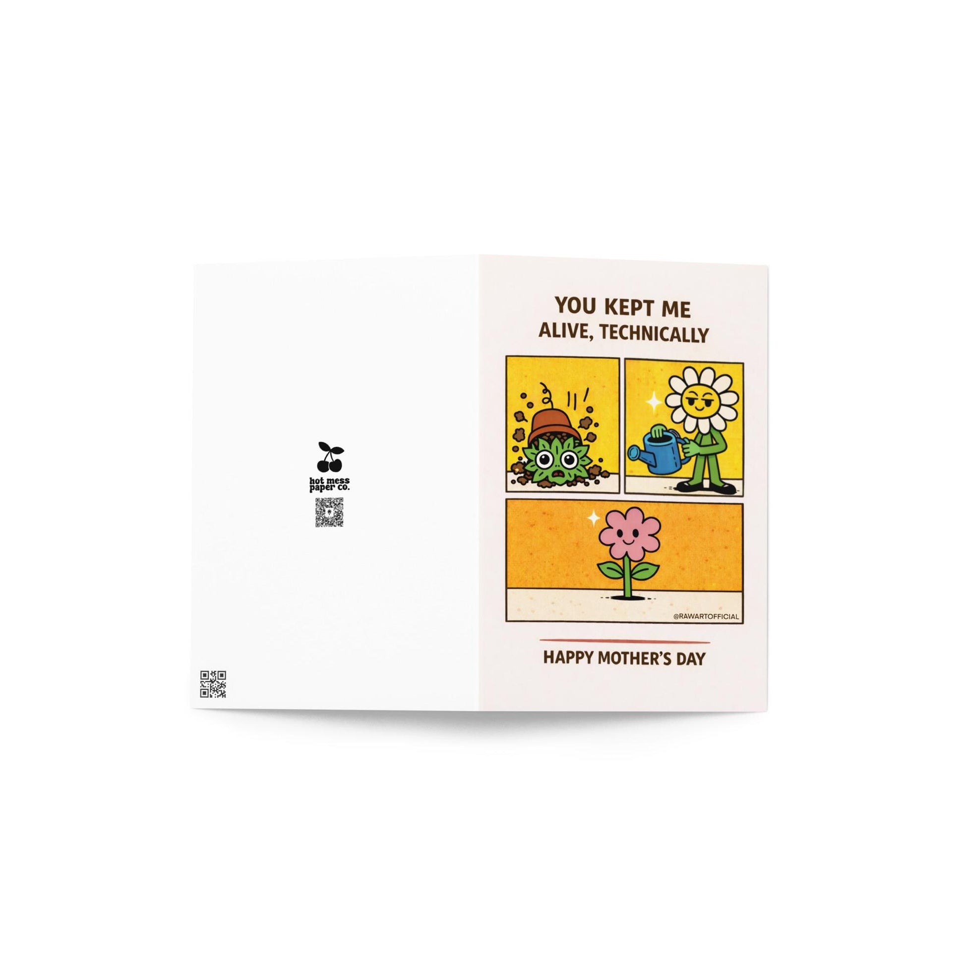 Mother’s Day card with retro comic panels showing a messy plant, a flower mom watering it, and a happy blooming flower with the text “You Kept Me Alive, Technically” and “Happy Mother’s Day.”