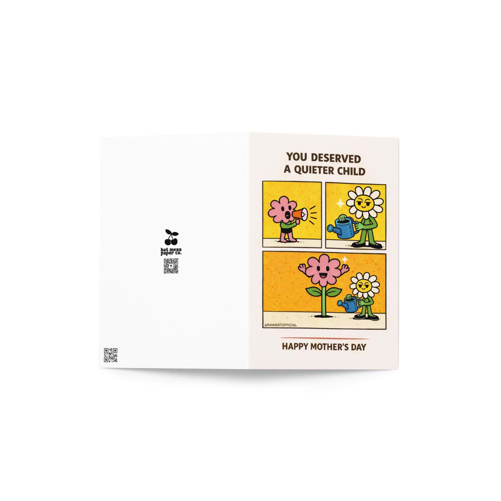 Mother’s Day card with retro comic panels showing a loud pink flower with a megaphone, a calm flower mom watering it, and a happy blooming flower with the text “You Deserved a Quieter Child” and “Happy Mother’s Day.”