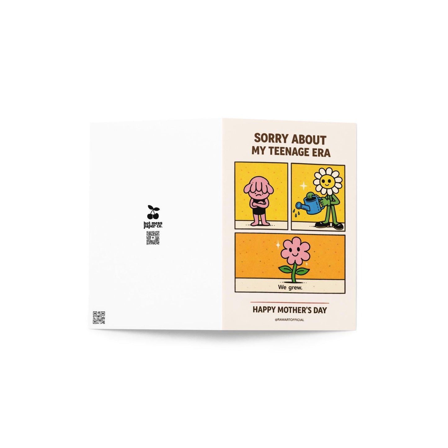 Mother’s Day comic-style card showing a moody teen flower, a smiling flower mom watering it, and a blooming flower with the text “Sorry About My Teenage Era” and “Happy Mother’s Day.”