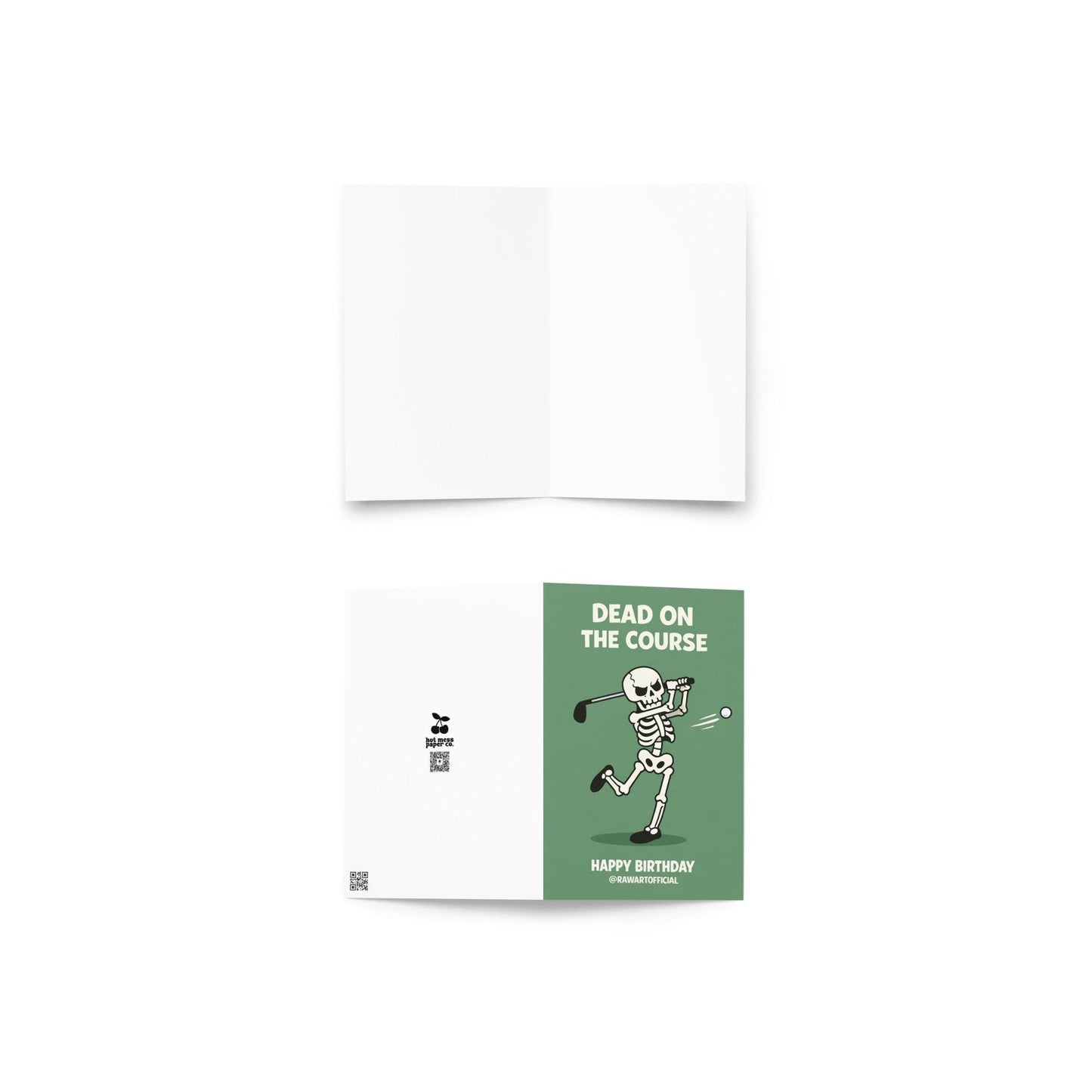 Funny golf birthday card showing a cartoon skeleton swinging a golf club with the words “Dead on the Course” and “Happy Birthday” on a green background.