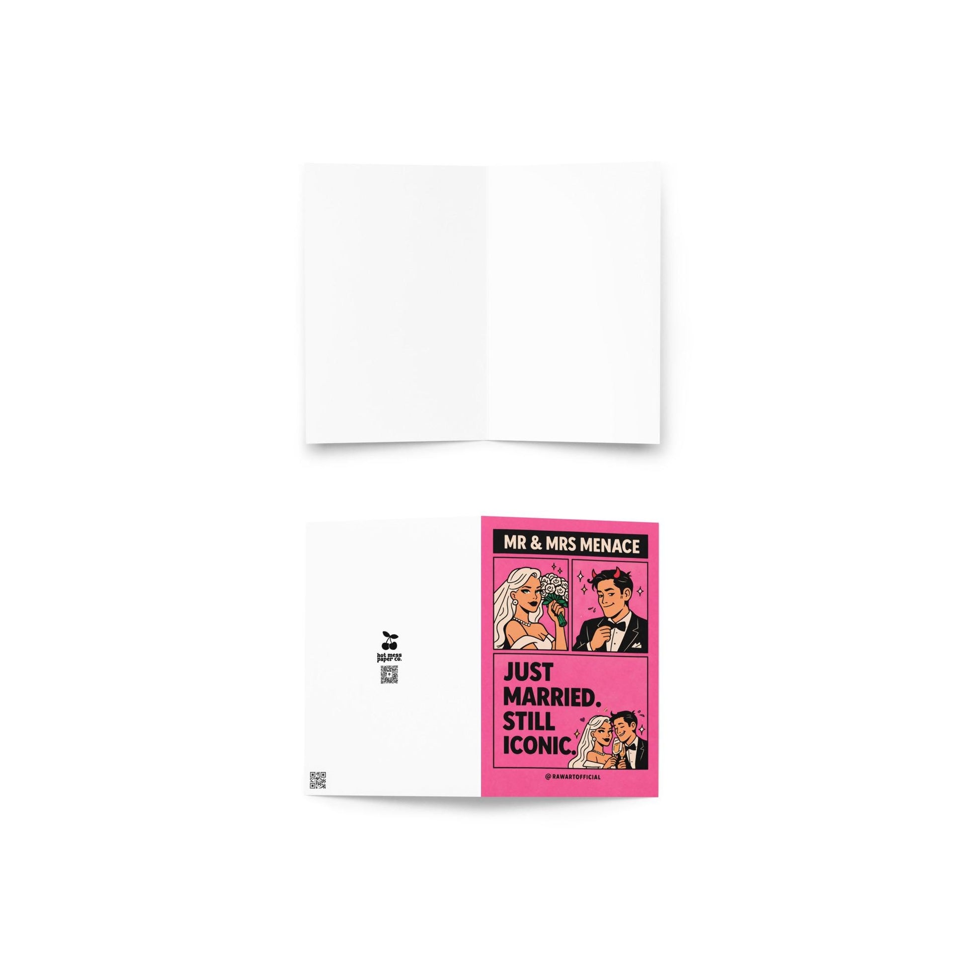 Pink comic-style wedding card featuring a bride and groom with text reading “Just Married. Still Iconic.”