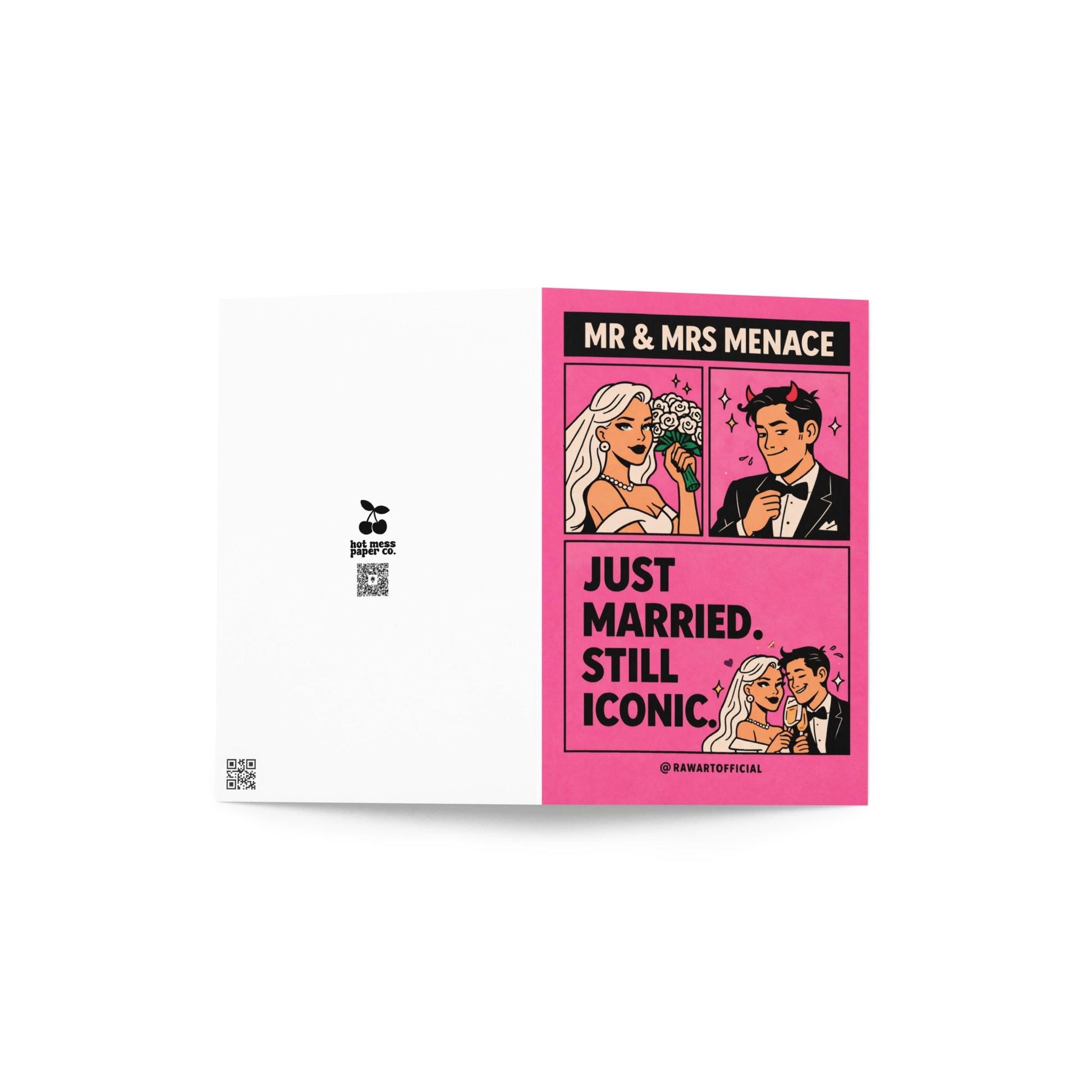 Pink comic-style wedding card featuring a bride and groom with text reading “Just Married. Still Iconic.”