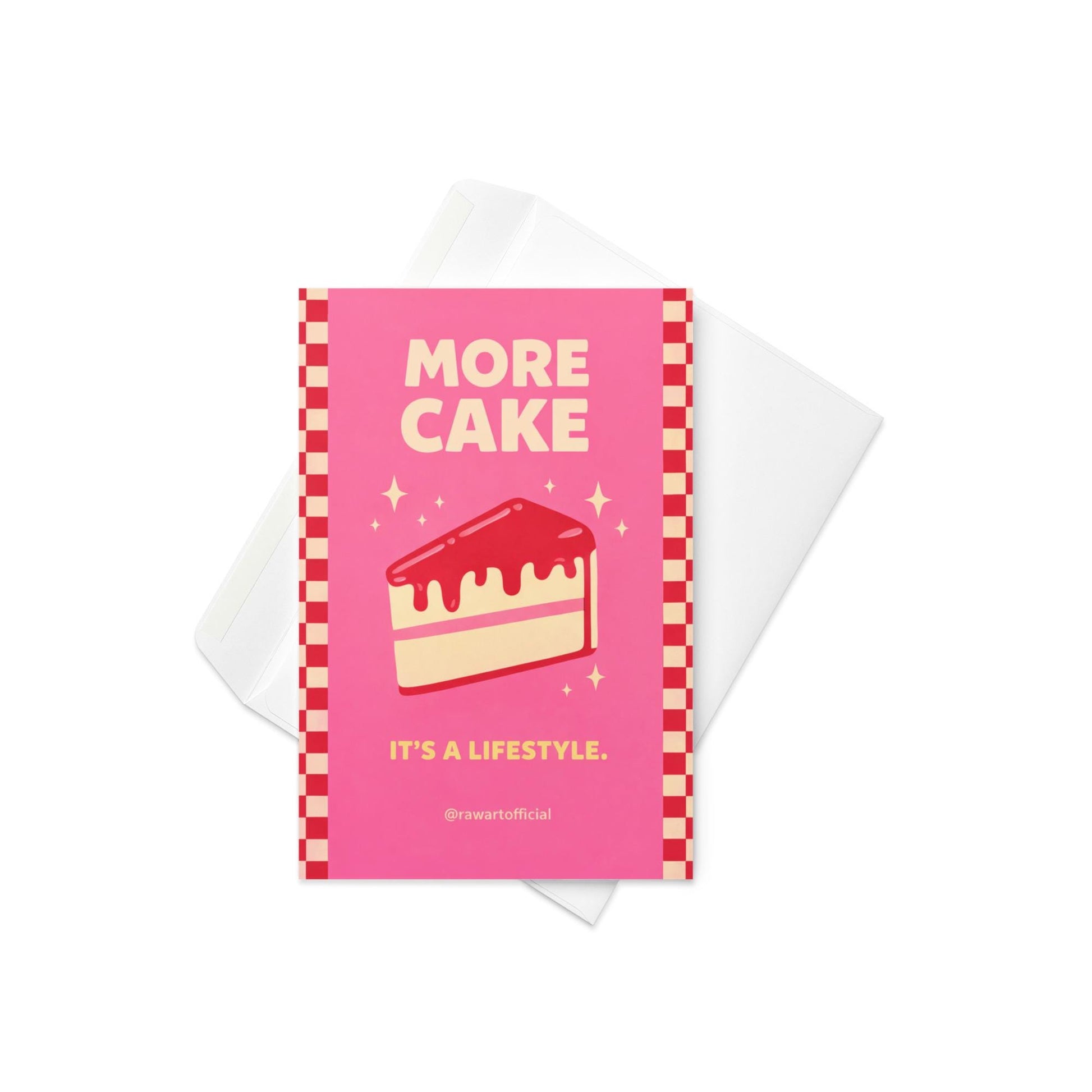 Bright pink birthday card featuring a glossy red cake slice with sparkles and the phrase “More Cake It’s a Lifestyle.”