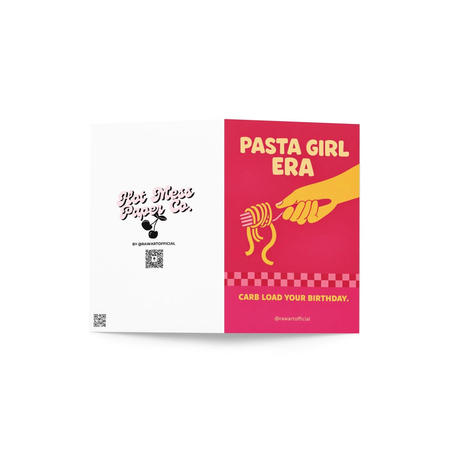 Red birthday card with the phrase “Pasta Girl Era” featuring a hand twirling spaghetti on a fork and the text “Carb Load Your Birthday.”