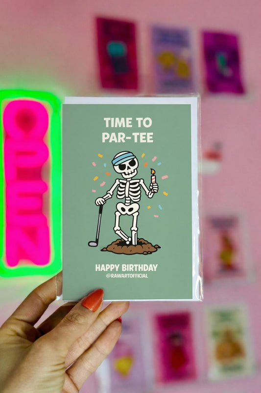 Funny golf birthday card showing a skeleton golfer with a headband holding a candle and golf club under the words “Time to Par-Tee” and “Happy Birthday” on a green background.