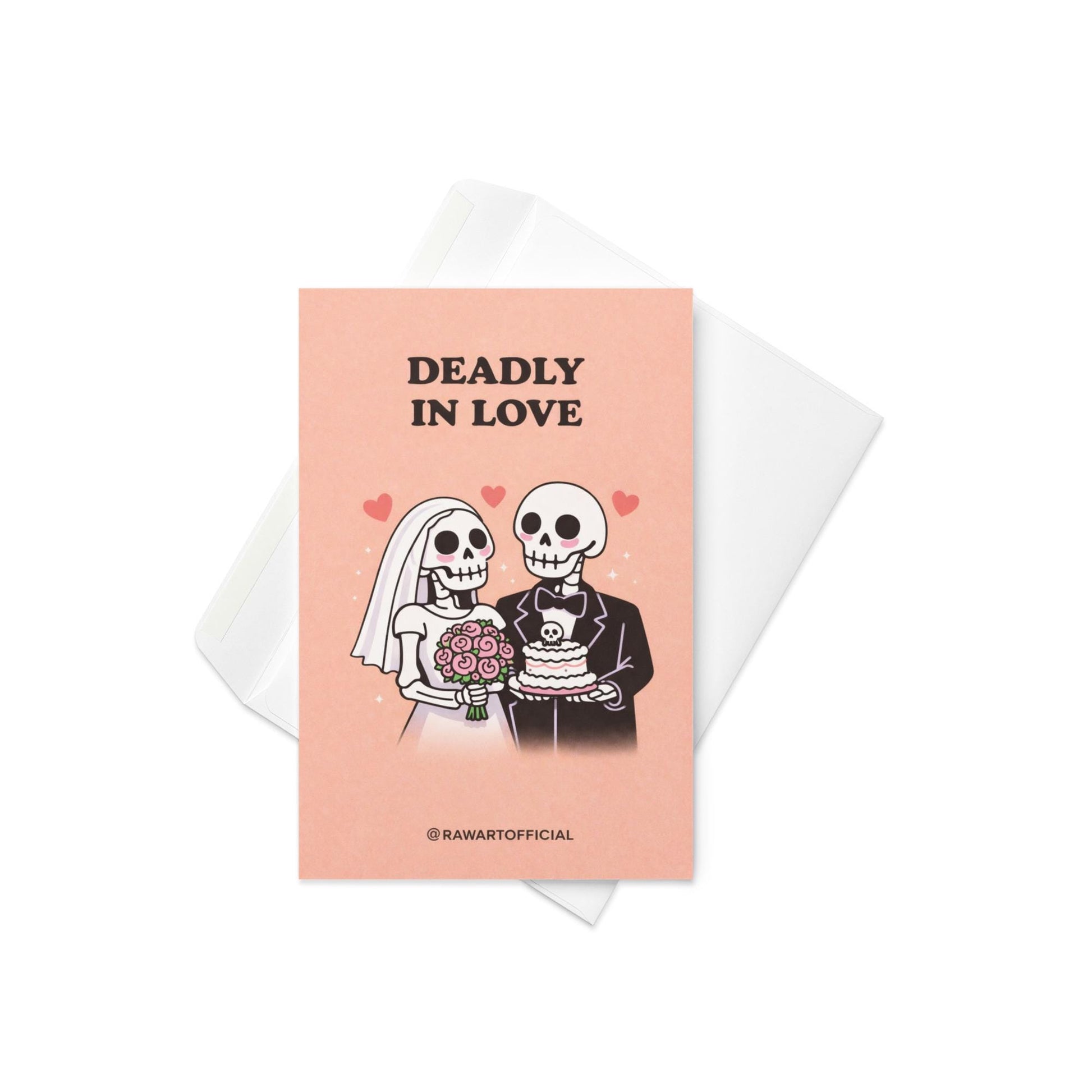 Peach wedding card featuring skeleton bride with bouquet and skeleton groom holding skull cake under text “Deadly in Love.”