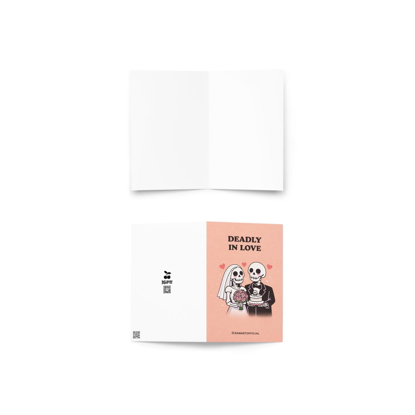Peach wedding card featuring skeleton bride with bouquet and skeleton groom holding skull cake under text “Deadly in Love.”