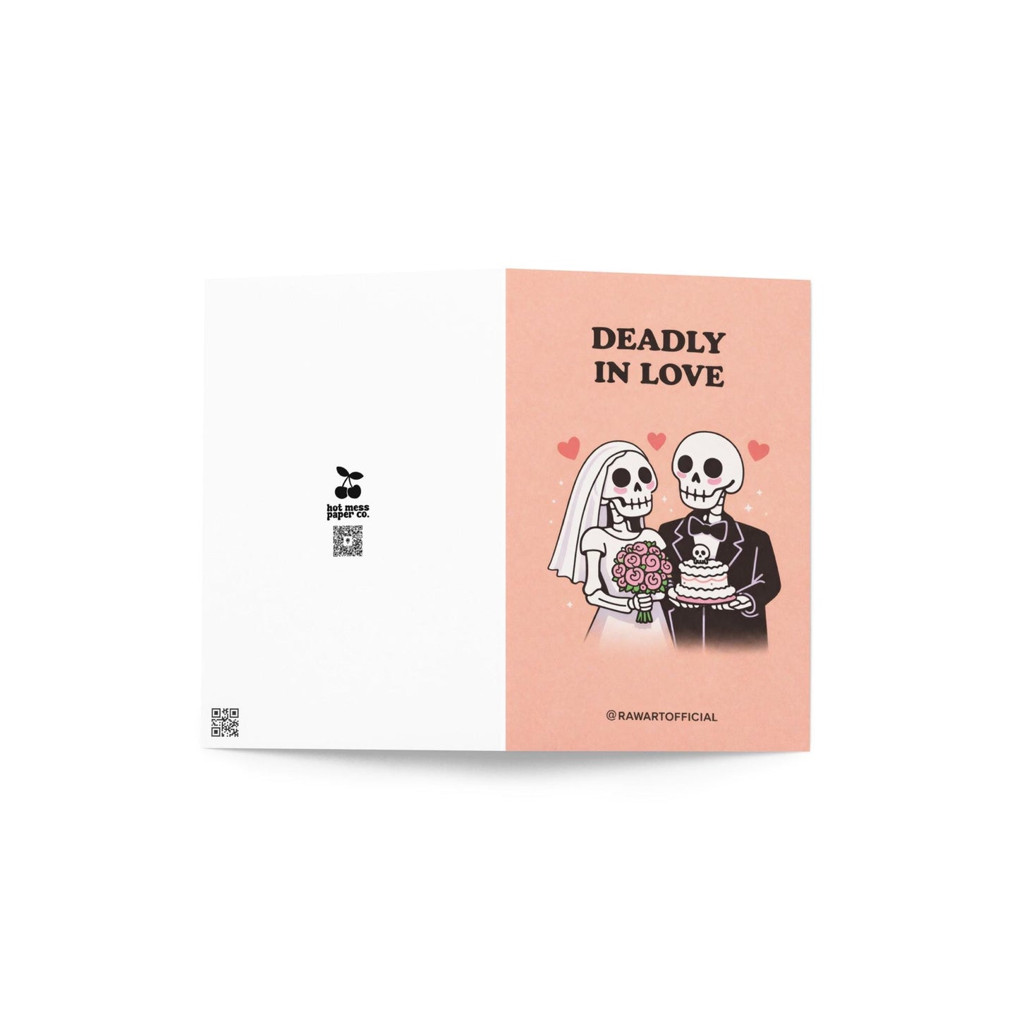 Peach wedding card featuring skeleton bride with bouquet and skeleton groom holding skull cake under text “Deadly in Love.”
