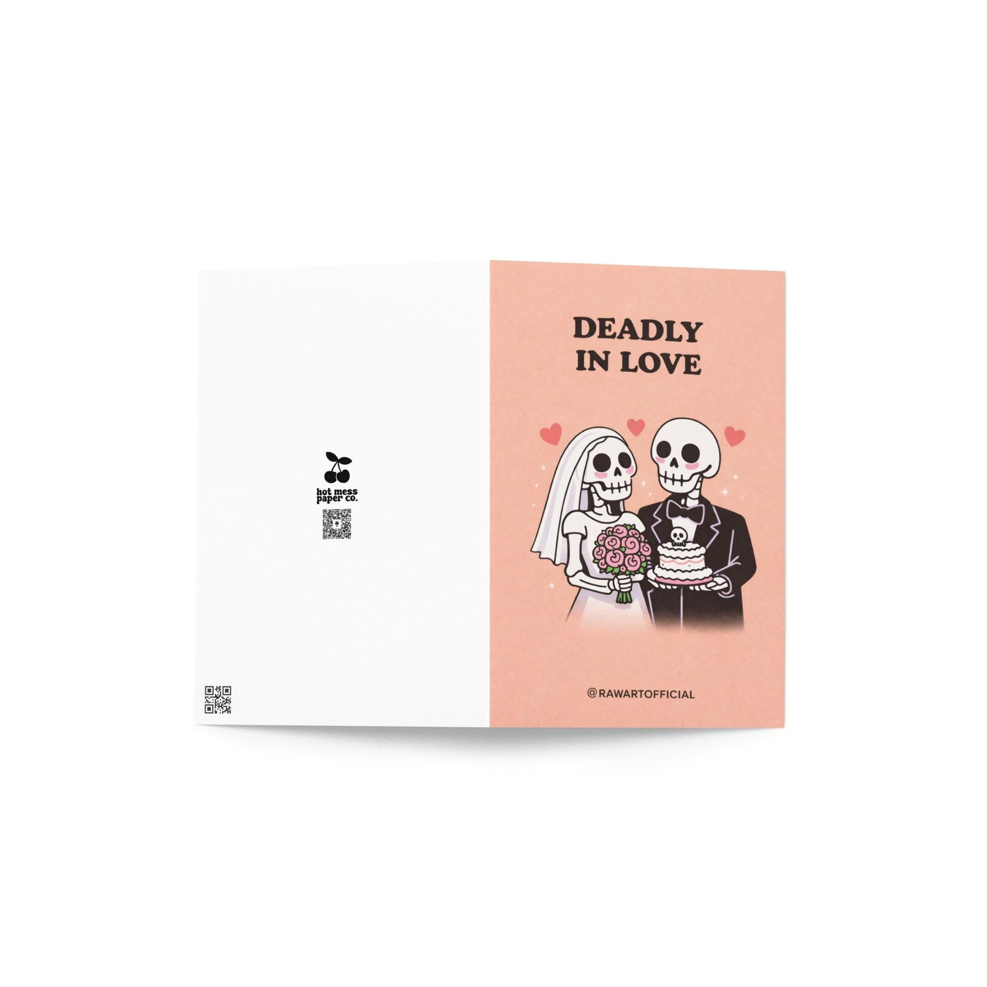 Peach wedding card featuring skeleton bride with bouquet and skeleton groom holding skull cake under text “Deadly in Love.”
