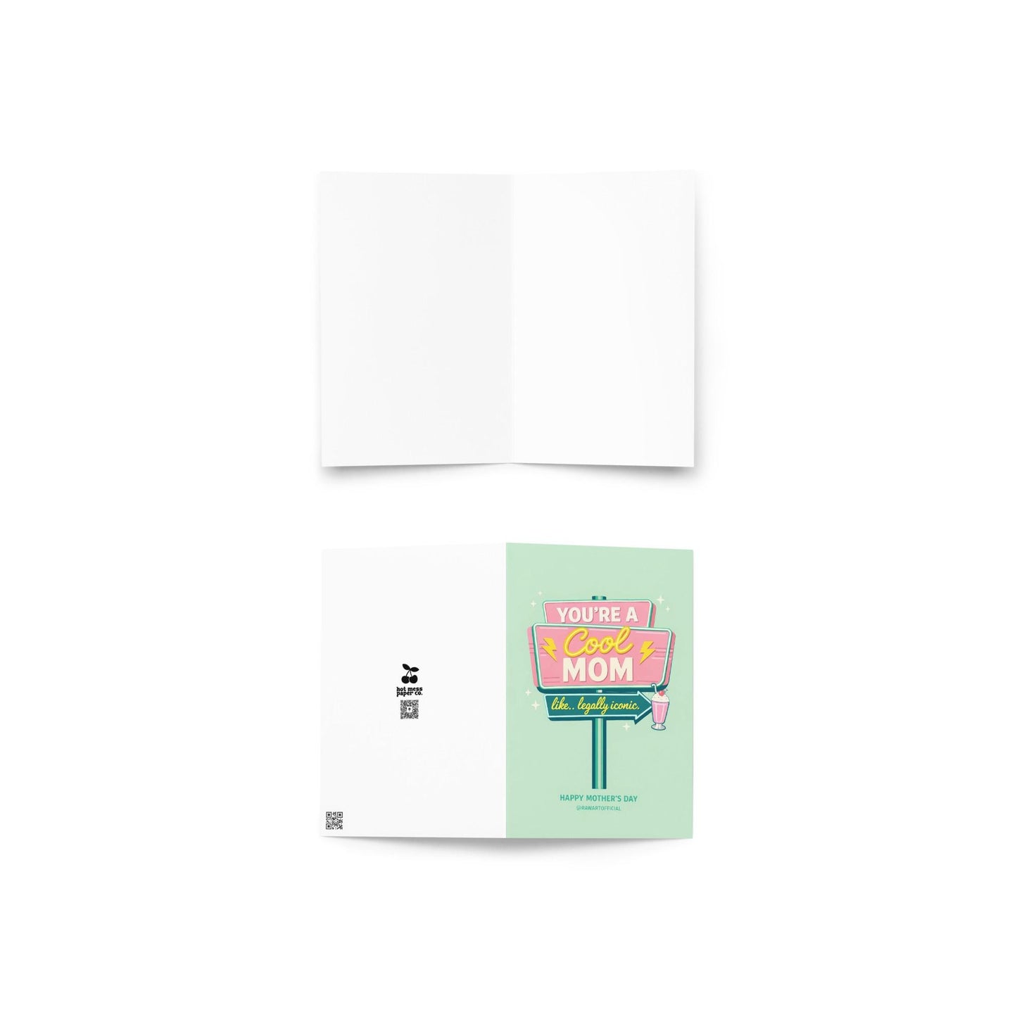 Funny Mother’s Day card with retro diner sign that reads “You’re a Cool Mom, like legally iconic.”