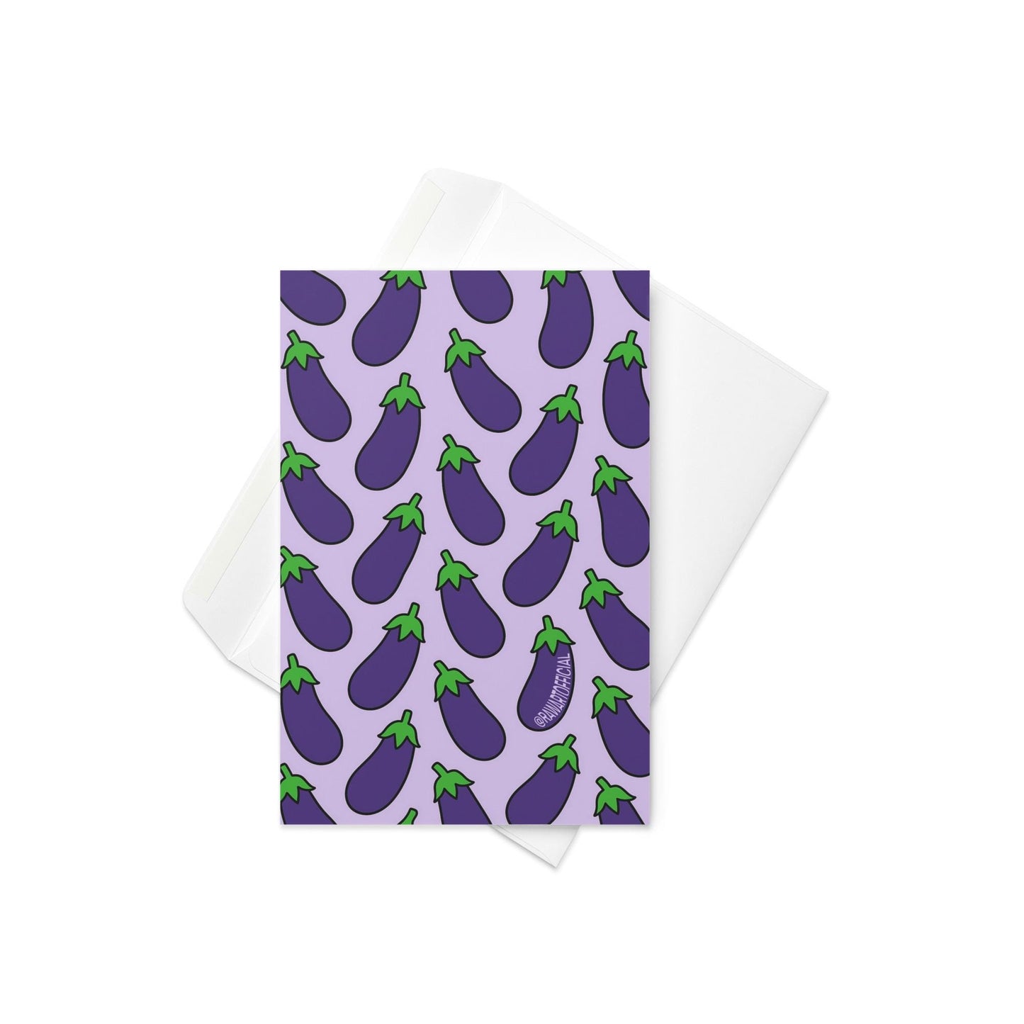 Funny greeting card with a repeating purple eggplant pattern on a pastel background in a bold retro style
