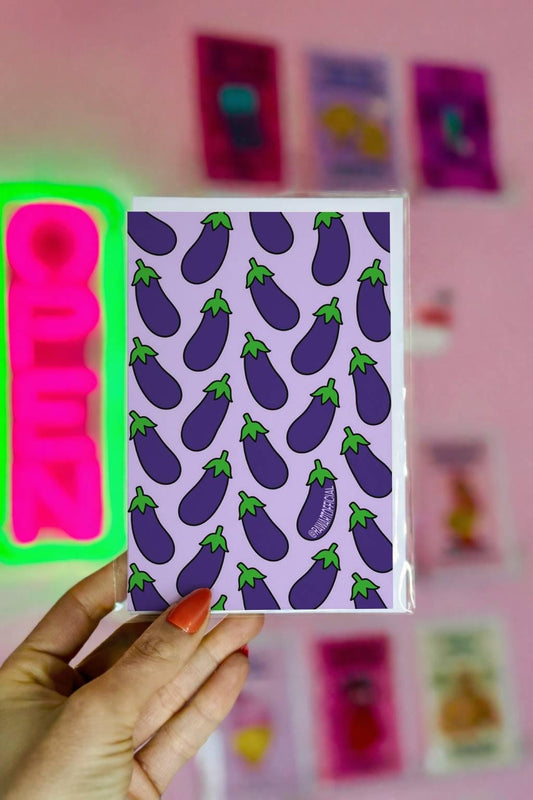 Funny greeting card with a repeating purple eggplant pattern on a pastel background in a bold retro style