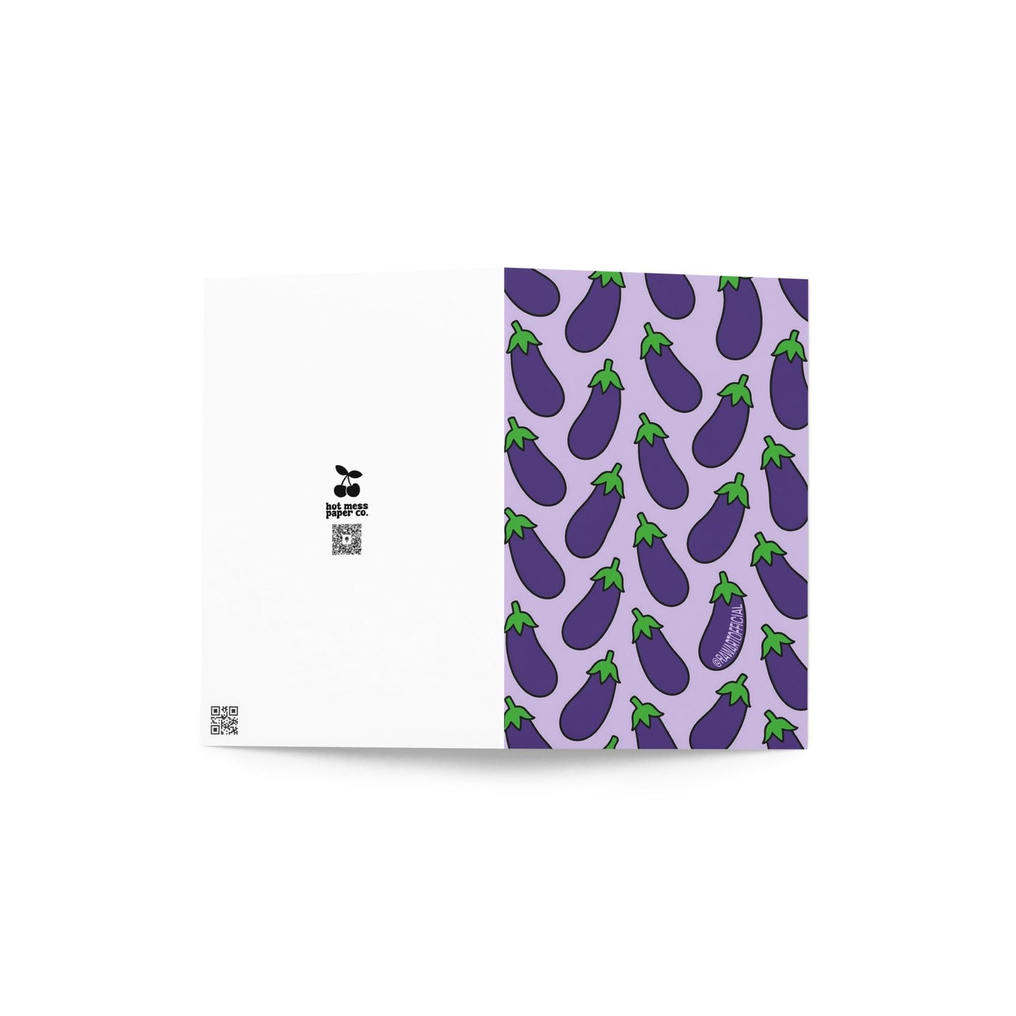 Funny greeting card with a repeating purple eggplant pattern on a pastel background in a bold retro style