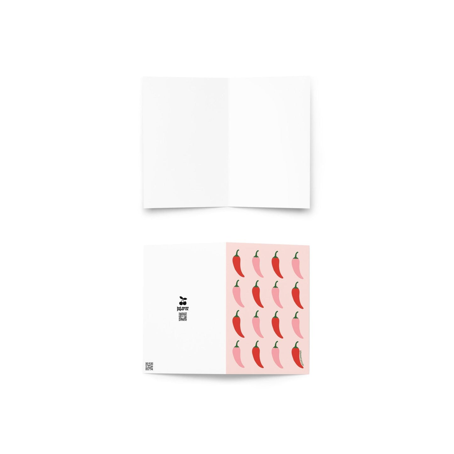 Funny greeting card with a repeating red and pink chili pepper pattern on a pastel background in a bold retro style