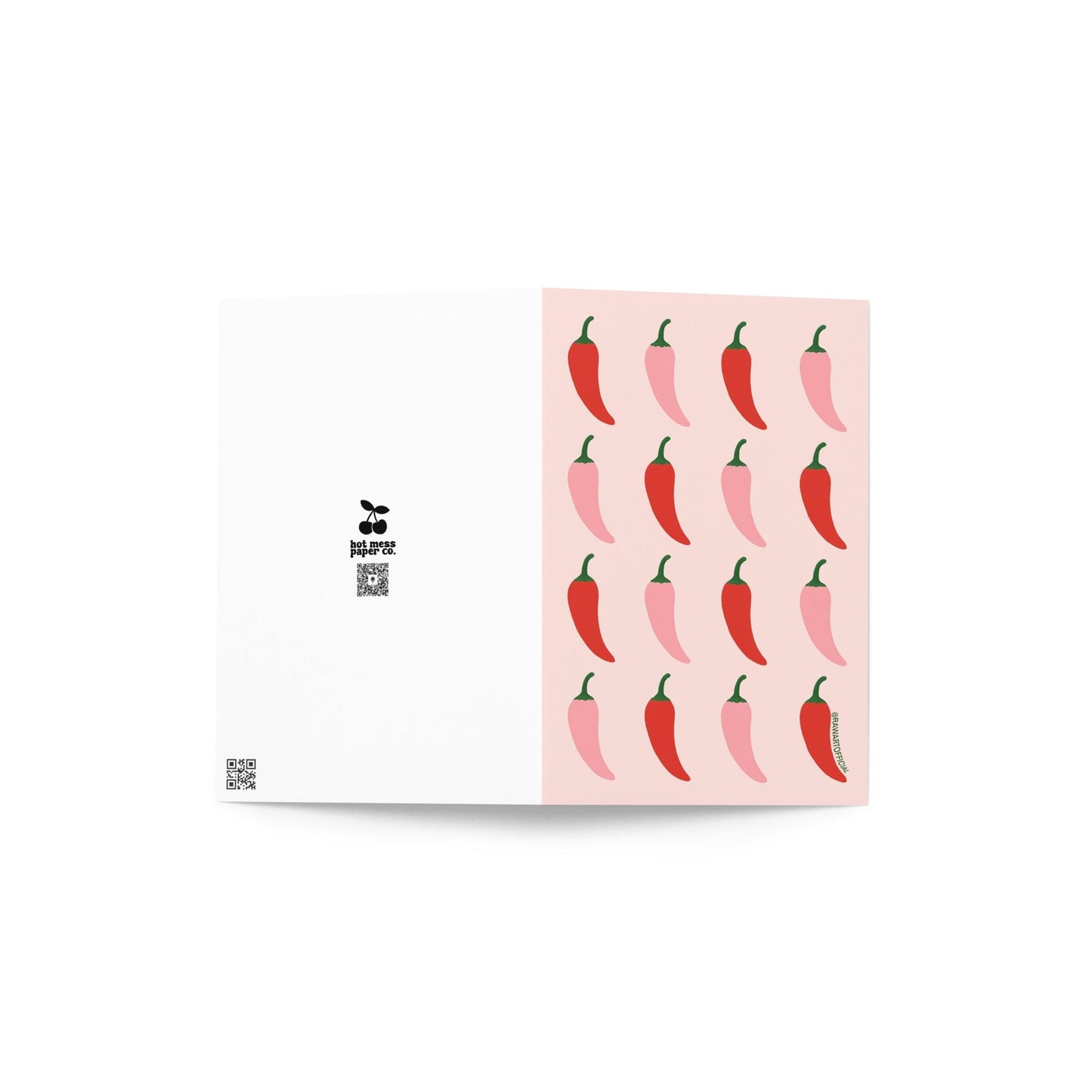 Funny greeting card with a repeating red and pink chili pepper pattern on a pastel background in a bold retro style