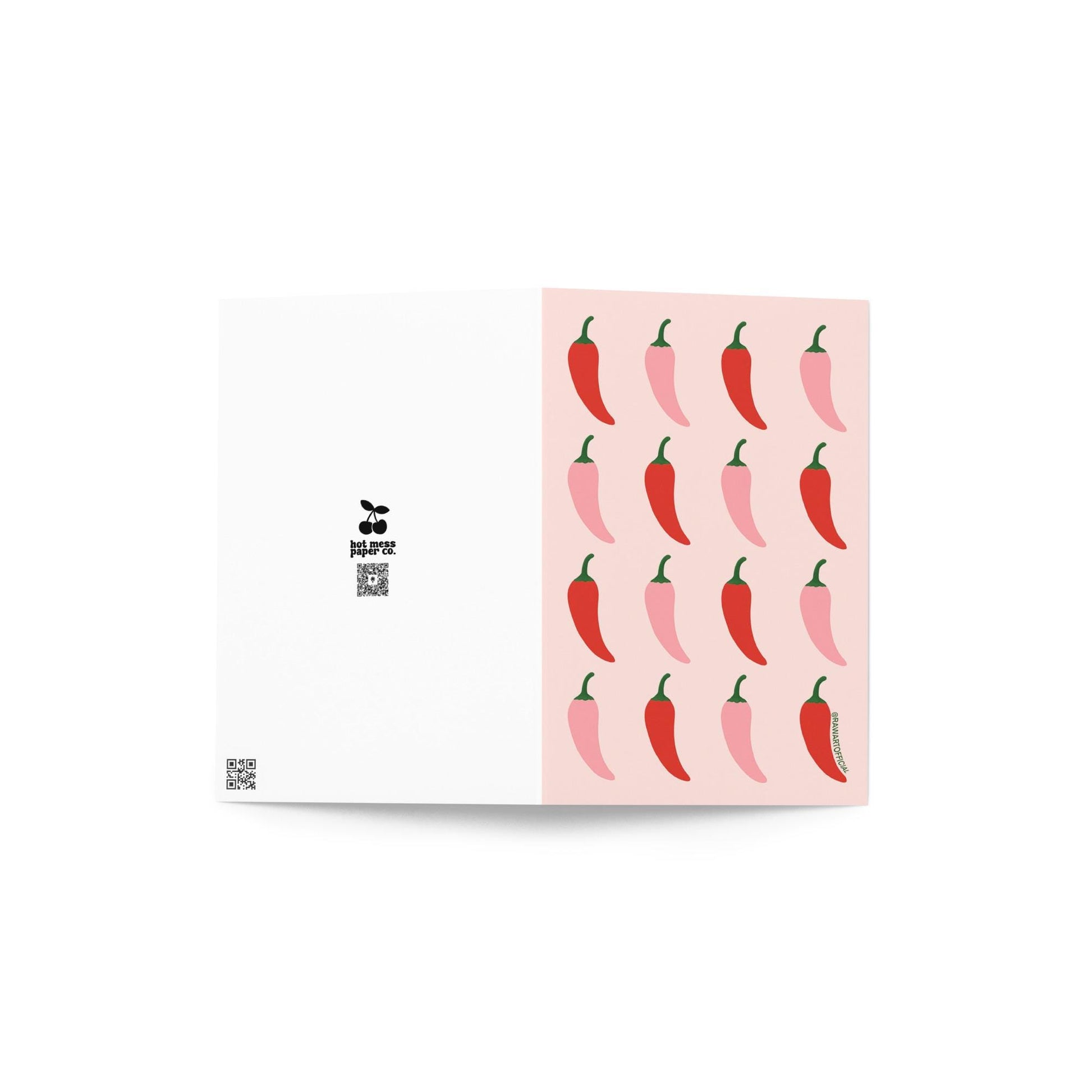 Funny greeting card with a repeating red and pink chili pepper pattern on a pastel background in a bold retro style