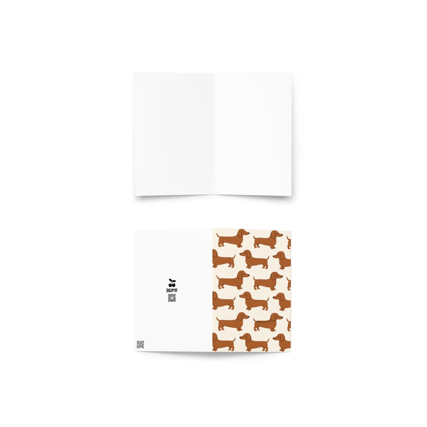 Cute greeting card featuring a repeating dachshund pattern with brown wiener dogs on a neutral background in a simple retro style