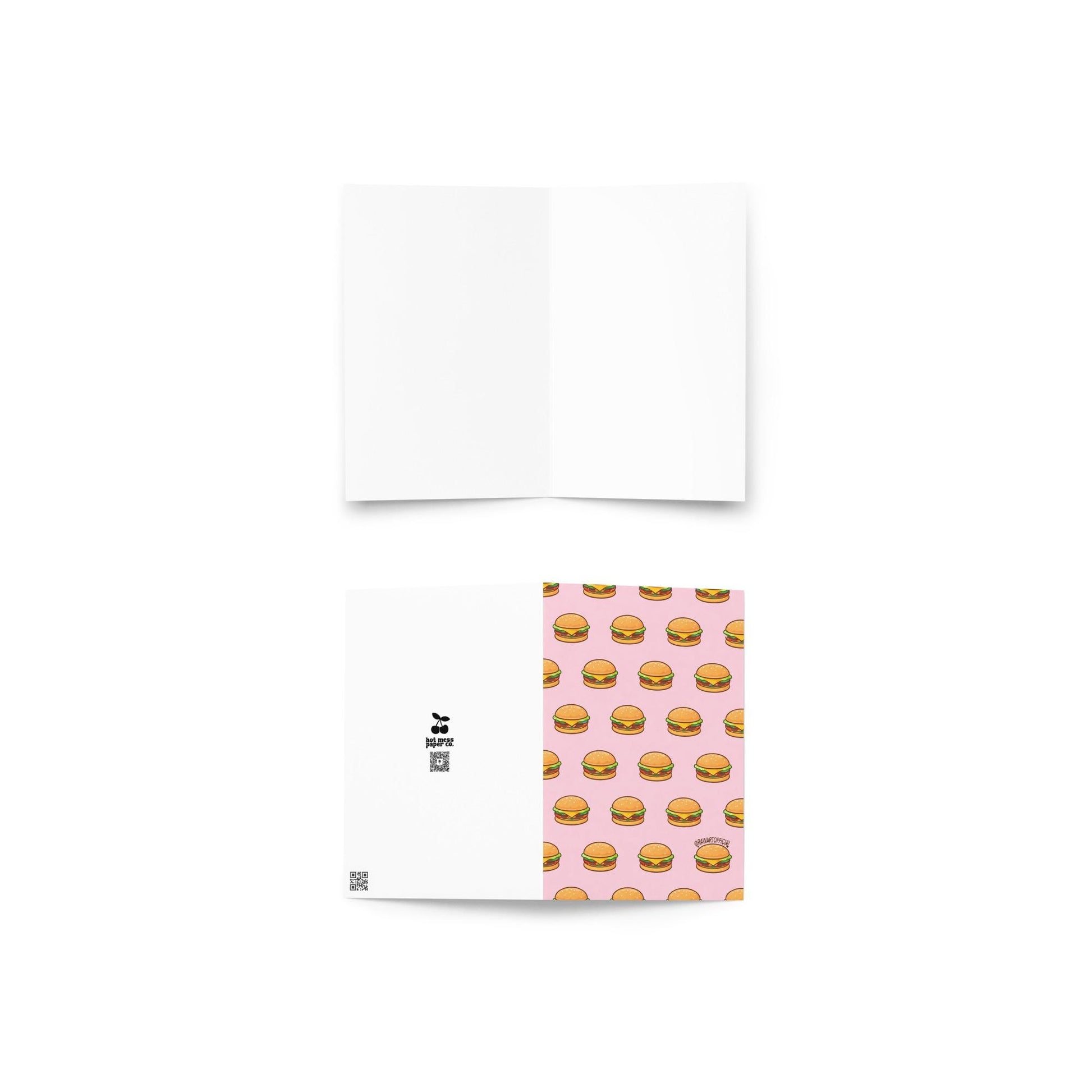 Cute greeting card featuring a repeating cheeseburger pattern on a pink background in a playful retro style